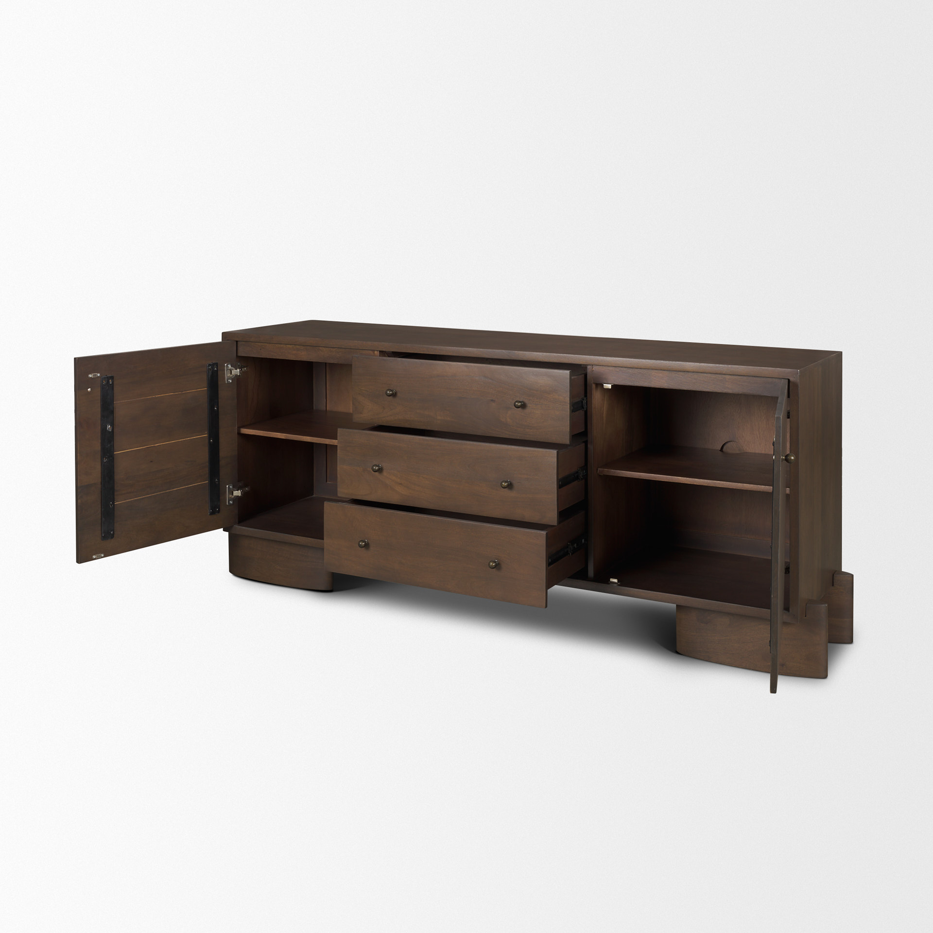 jonan dark brown wood w/ dark aged brass 2 door 3 drawer sideboard