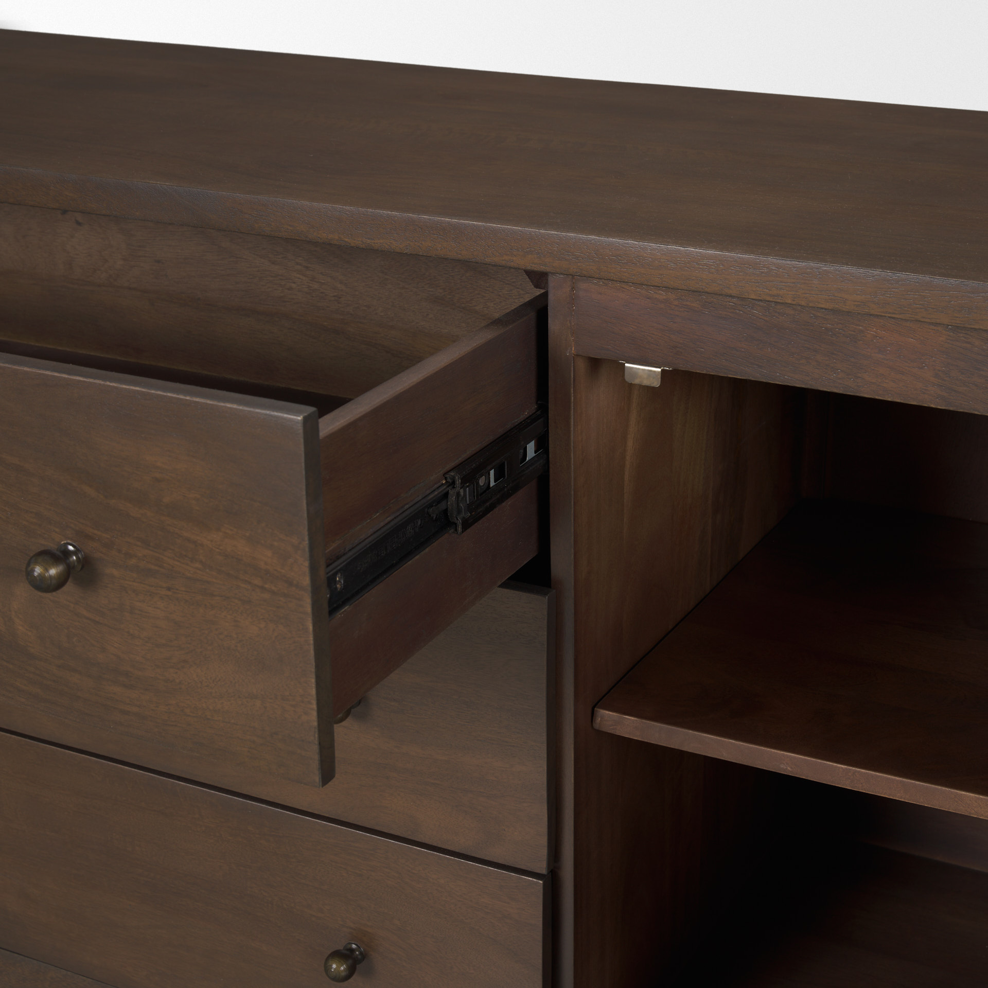 jonan dark brown wood w/ dark aged brass 2 door 3 drawer sideboard