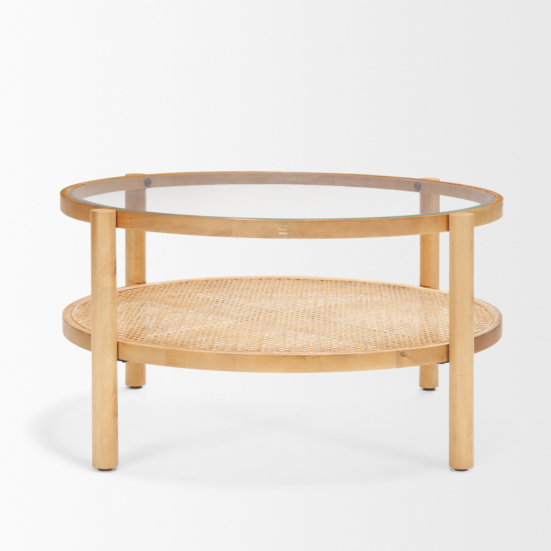weslyn solid light brown wood and glass top w/ cane coffee table