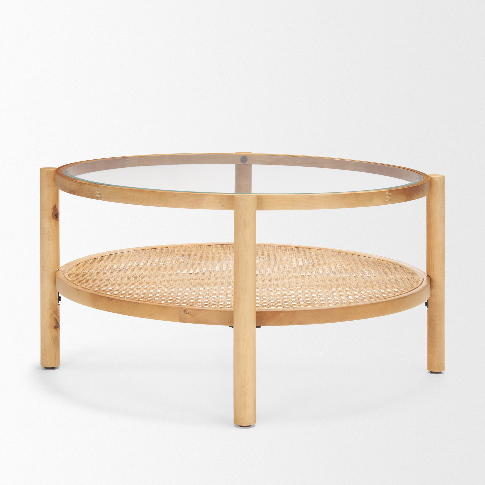 weslyn solid light brown wood and glass top w/ cane coffee table