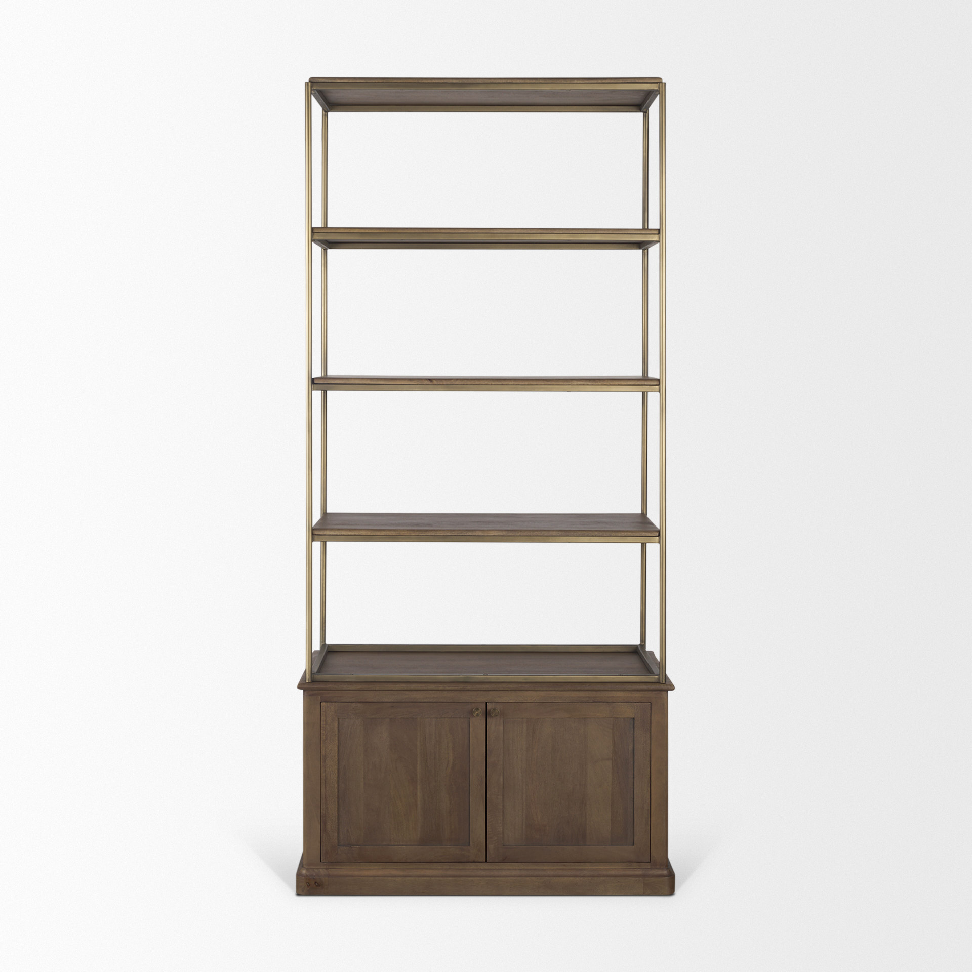 braxton dark brown wood w/ antiqued aged brass metal 3 tiers 2 door shelving unit