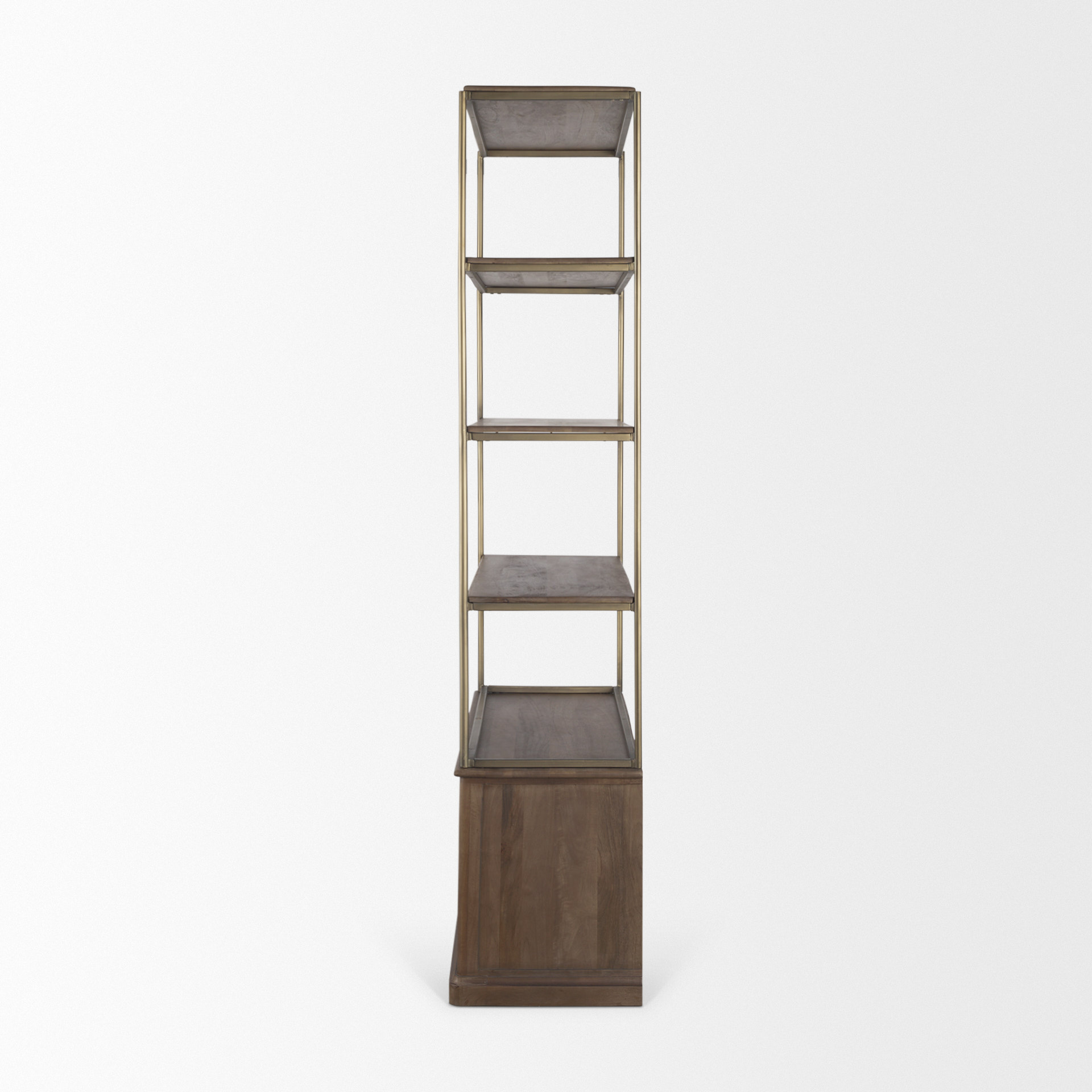 braxton dark brown wood w/ antiqued aged brass metal 3 tiers 2 door shelving unit