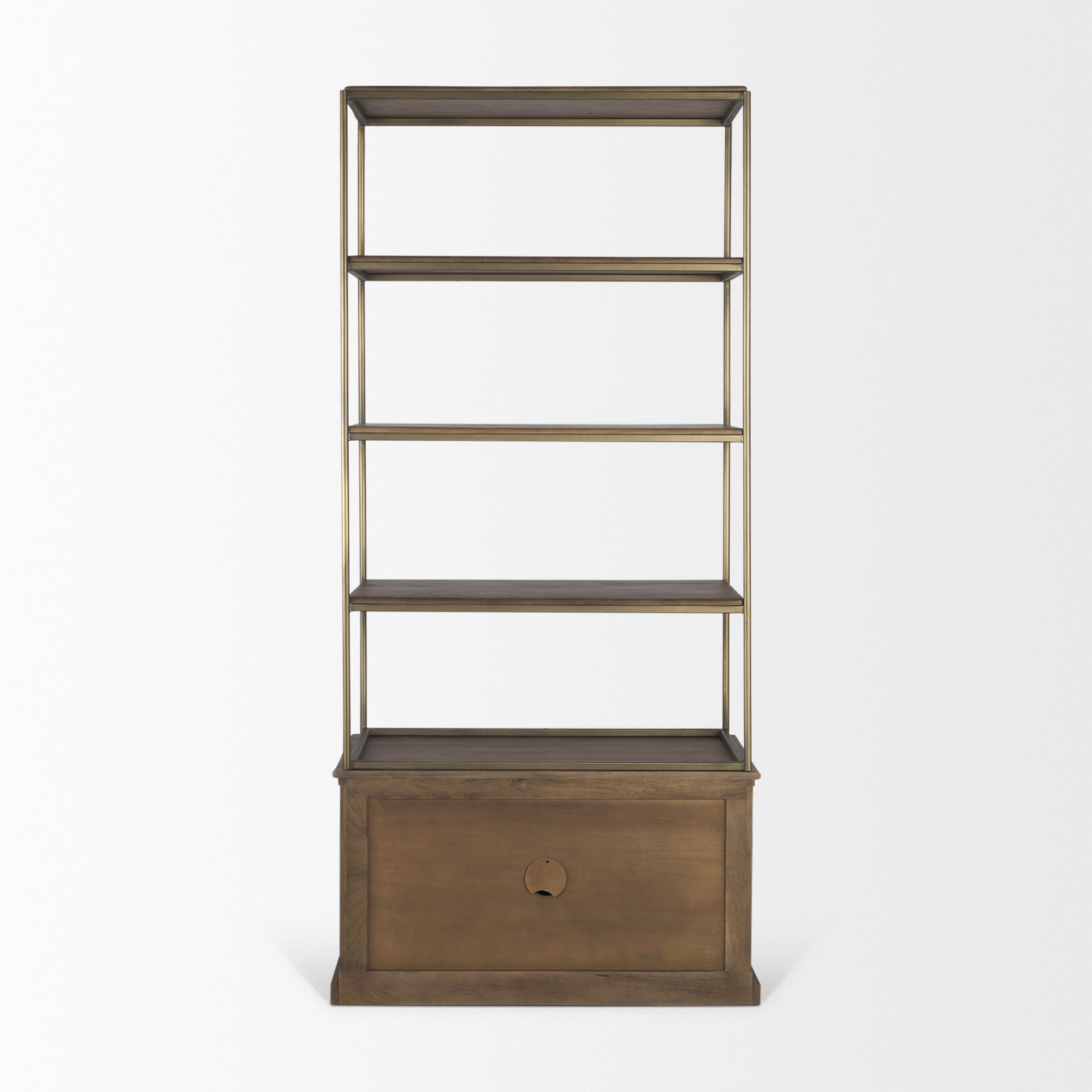 braxton dark brown wood w/ antiqued aged brass metal 3 tiers 2 door shelving unit