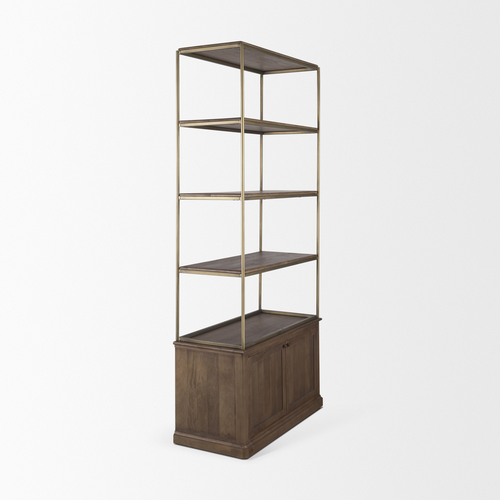 braxton dark brown wood w/ antiqued aged brass metal 3 tiers 2 door shelving unit
