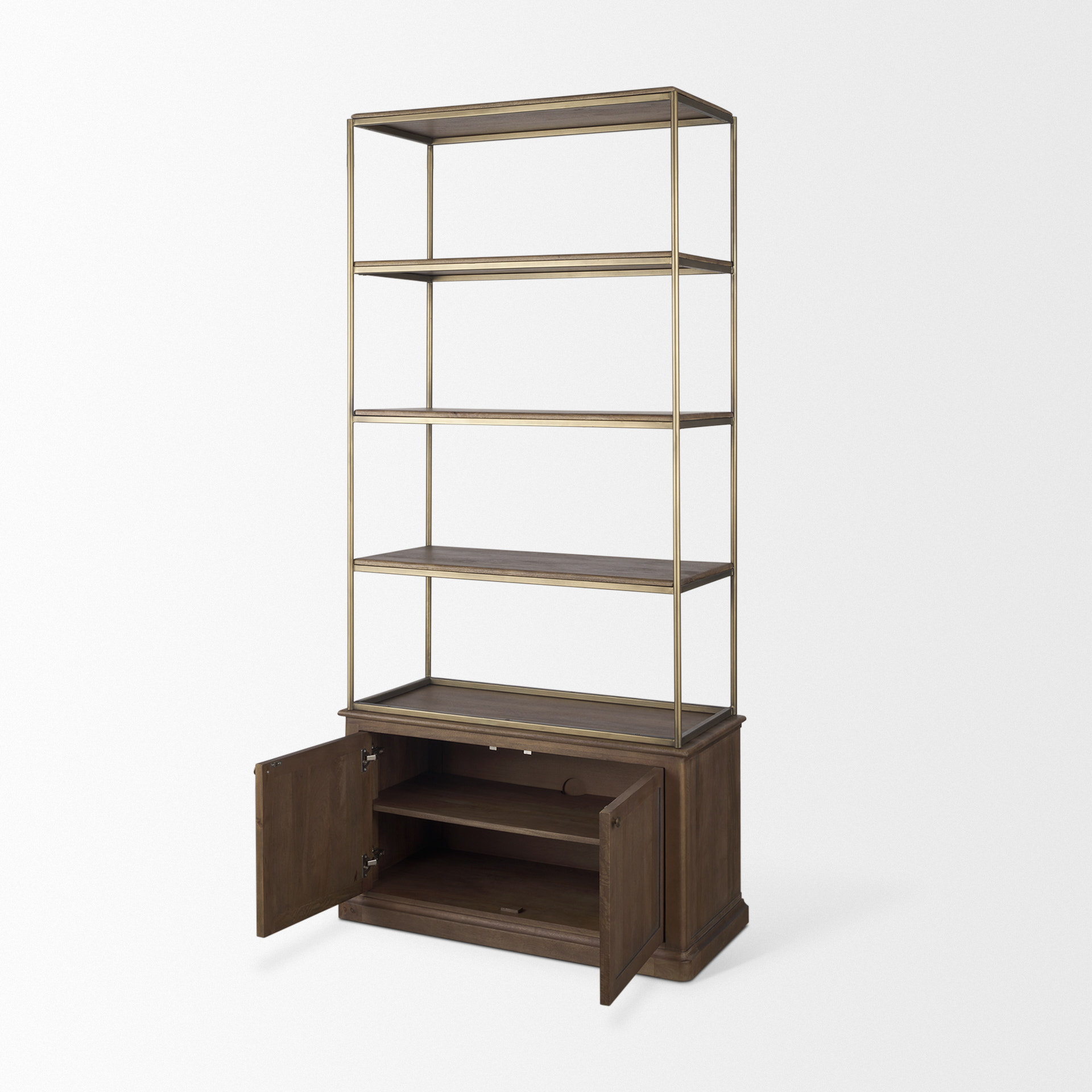 braxton dark brown wood w/ antiqued aged brass metal 3 tiers 2 door shelving unit
