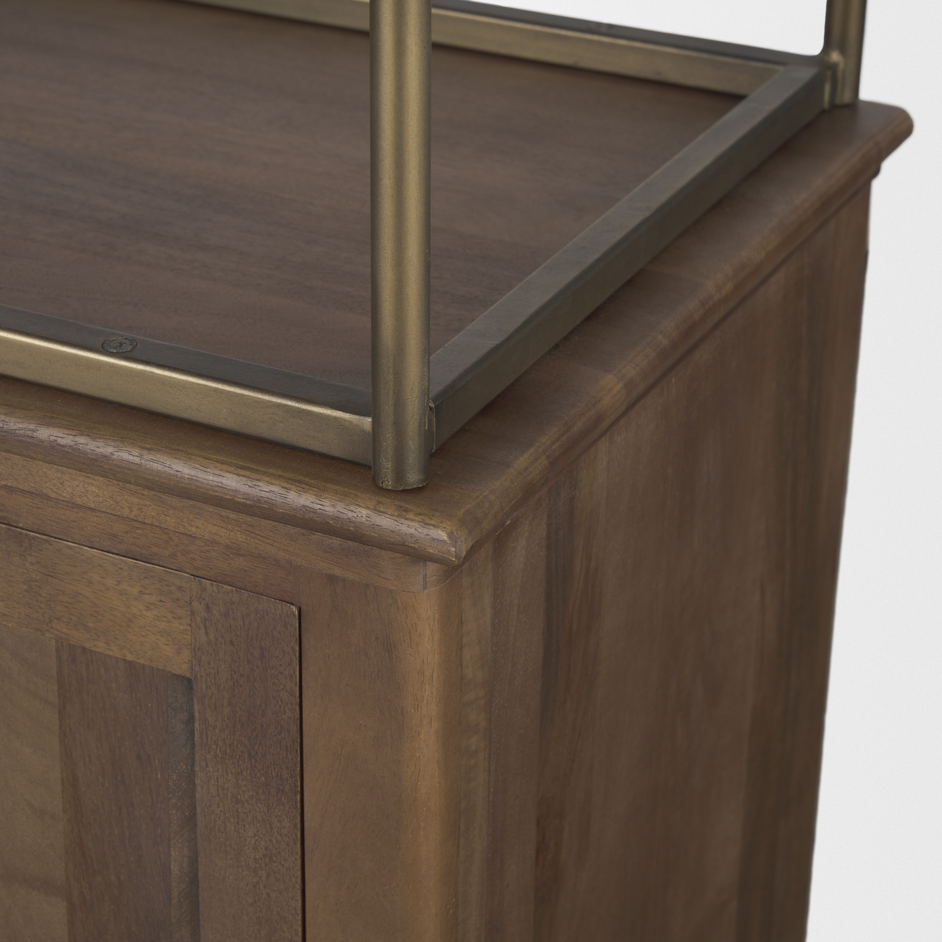 braxton dark brown wood w/ antiqued aged brass metal 3 tiers 2 door shelving unit