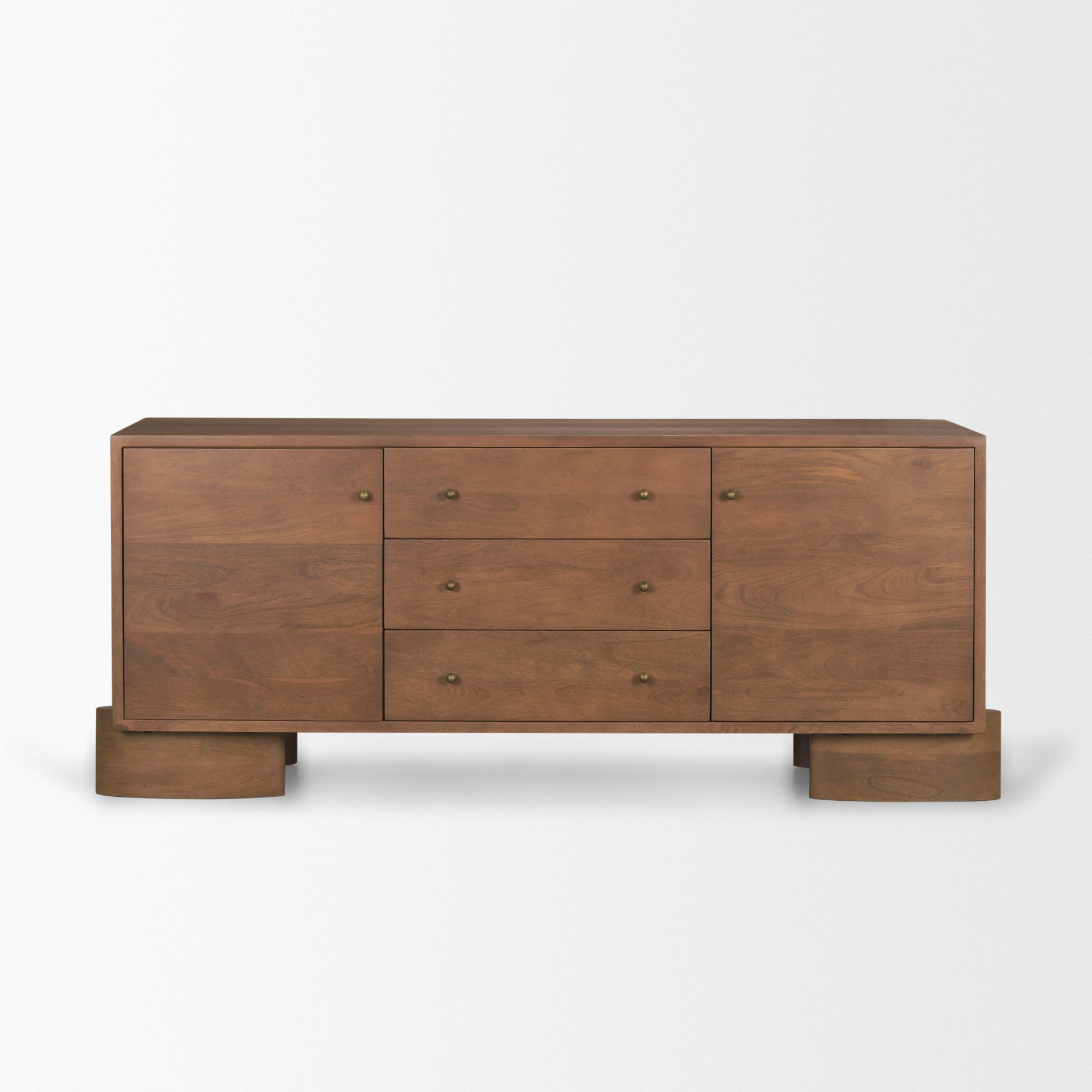 jonan medium brown wood w/ dark aged brass 2 door 3 drawer sideboard