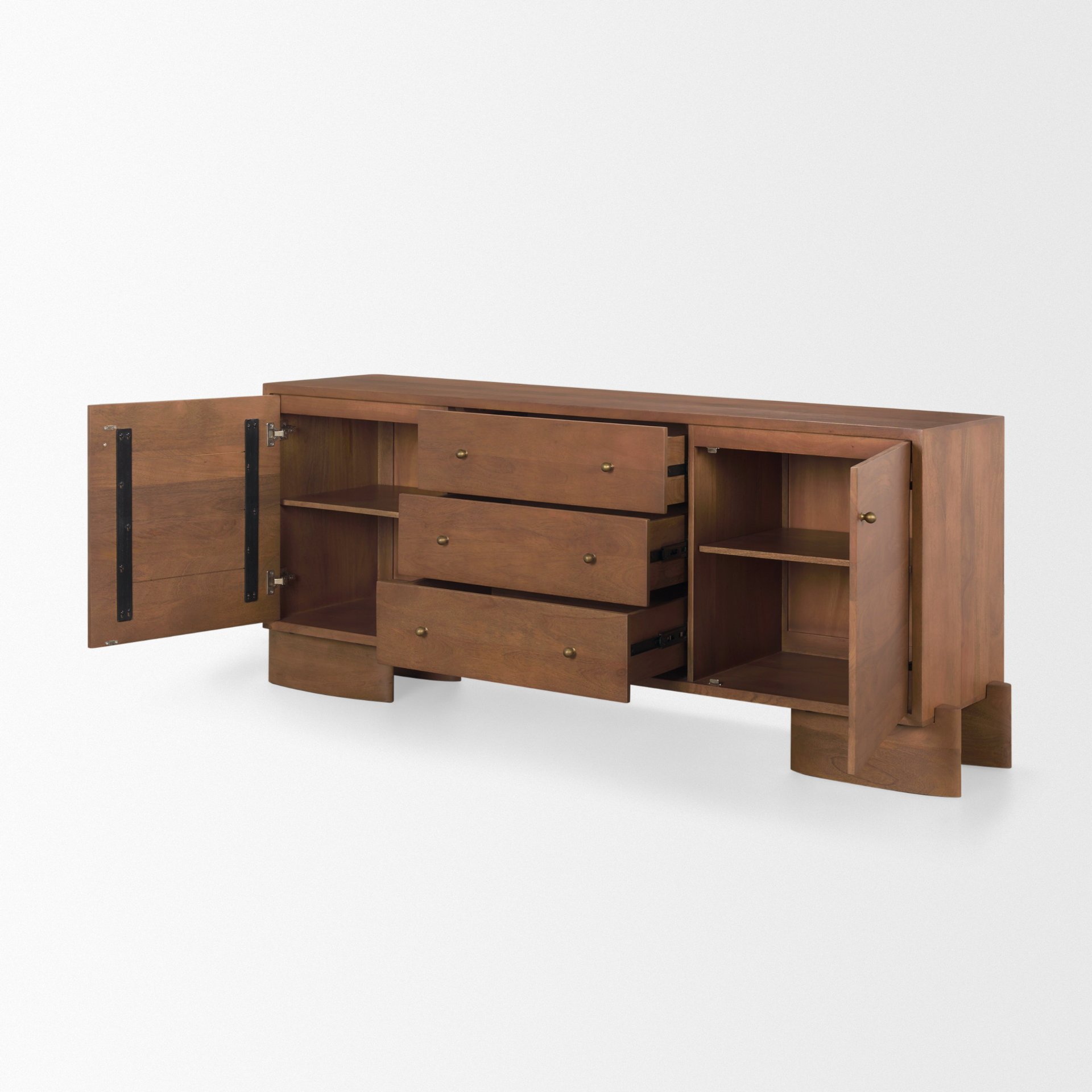 jonan medium brown wood w/ dark aged brass 2 door 3 drawer sideboard