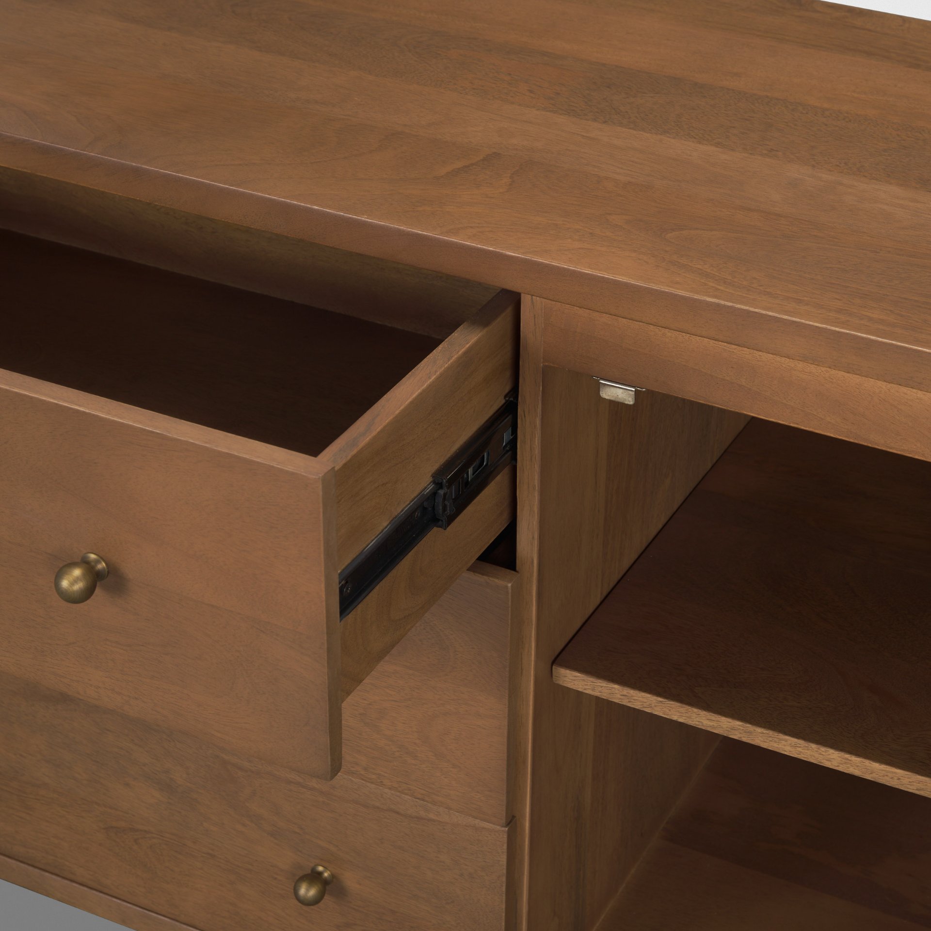 jonan medium brown wood w/ dark aged brass 2 door 3 drawer sideboard