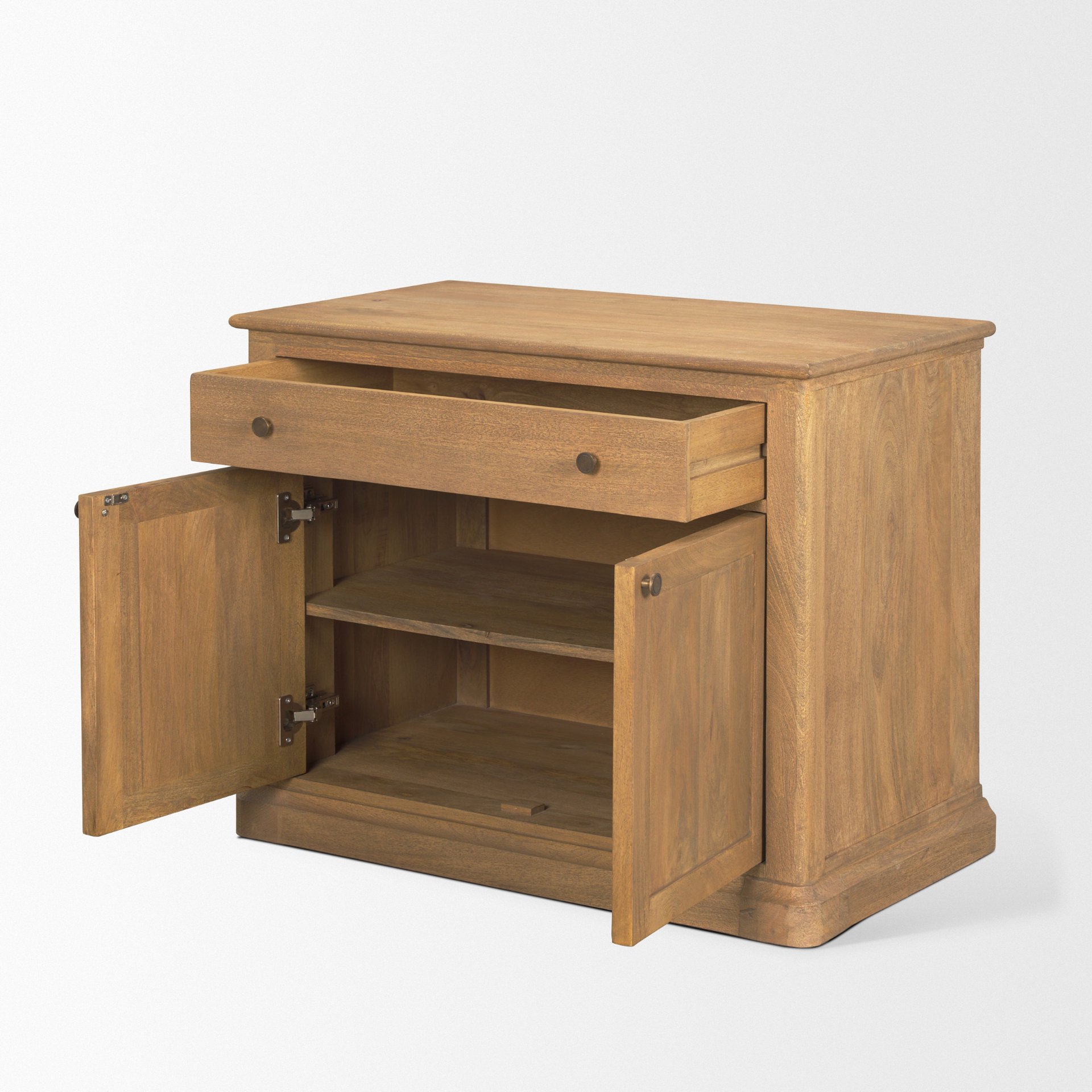 braxton light brown solid wood w/ gunmetal knobs accent cabinet 1 drawer 2 doors