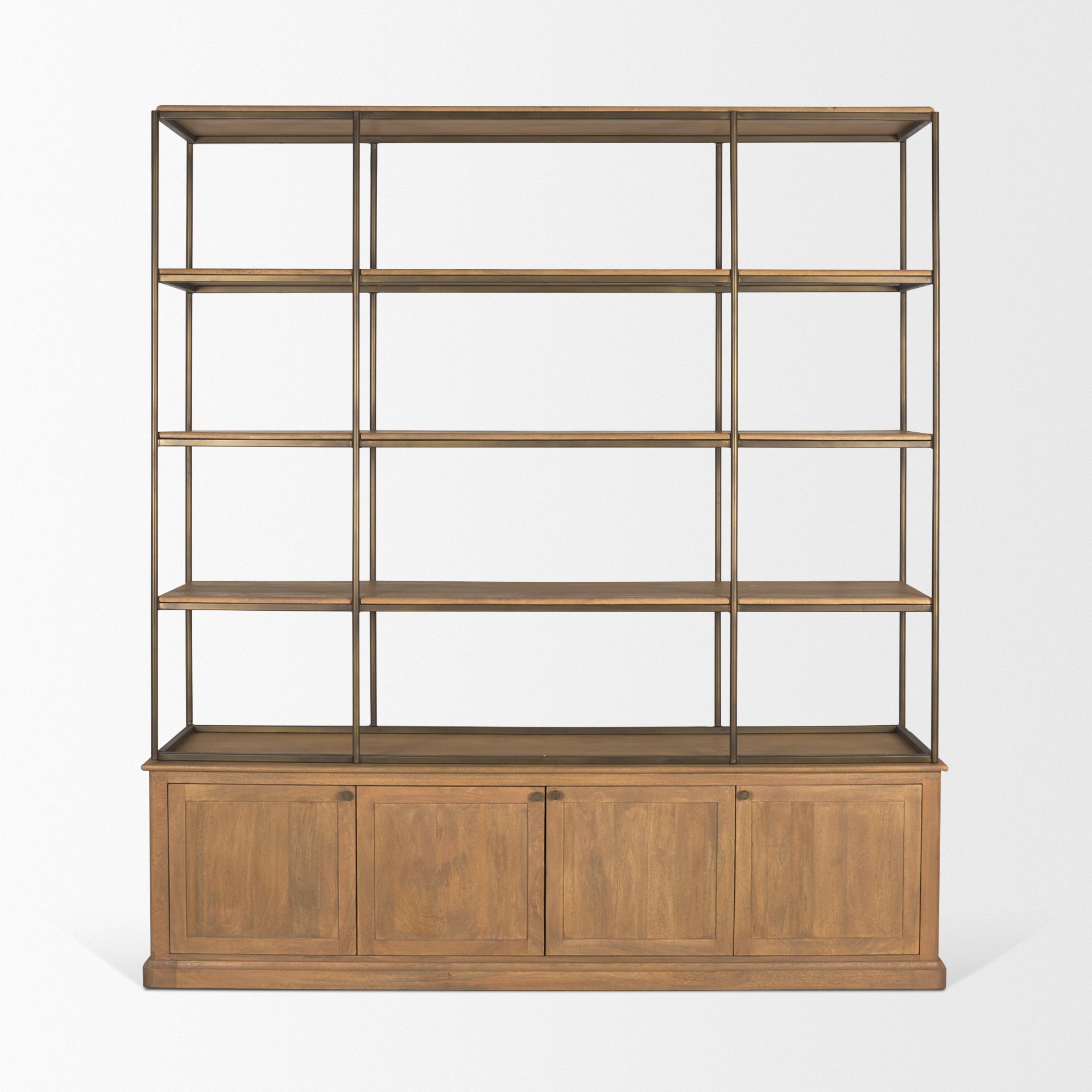 Braxton Light Brown Wood w/ Antiqued Brass Metal 3 Tiers 2 Door Shelving Unit