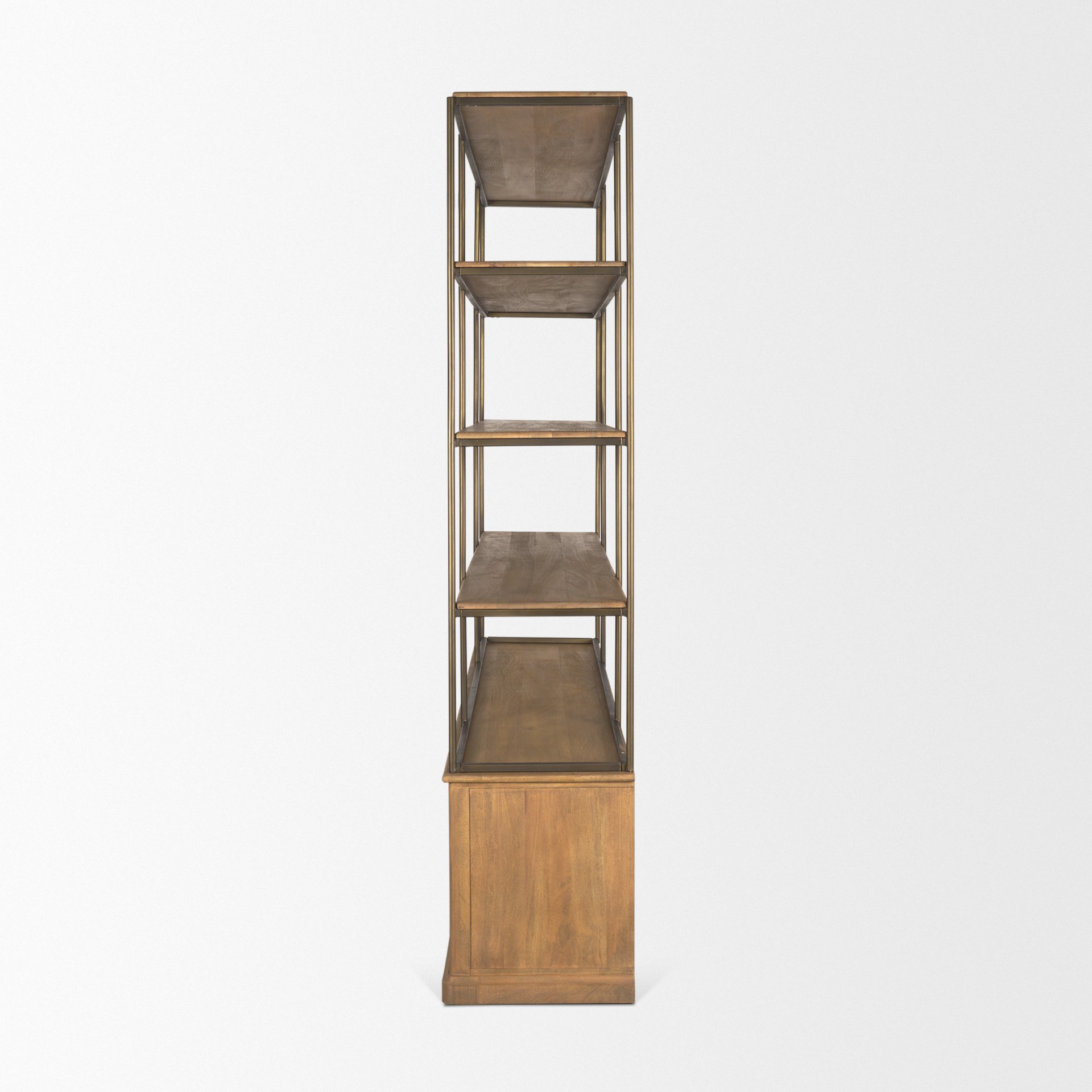 Braxton Light Brown Wood w/ Antiqued Brass Metal 3 Tiers 2 Door Shelving Unit
