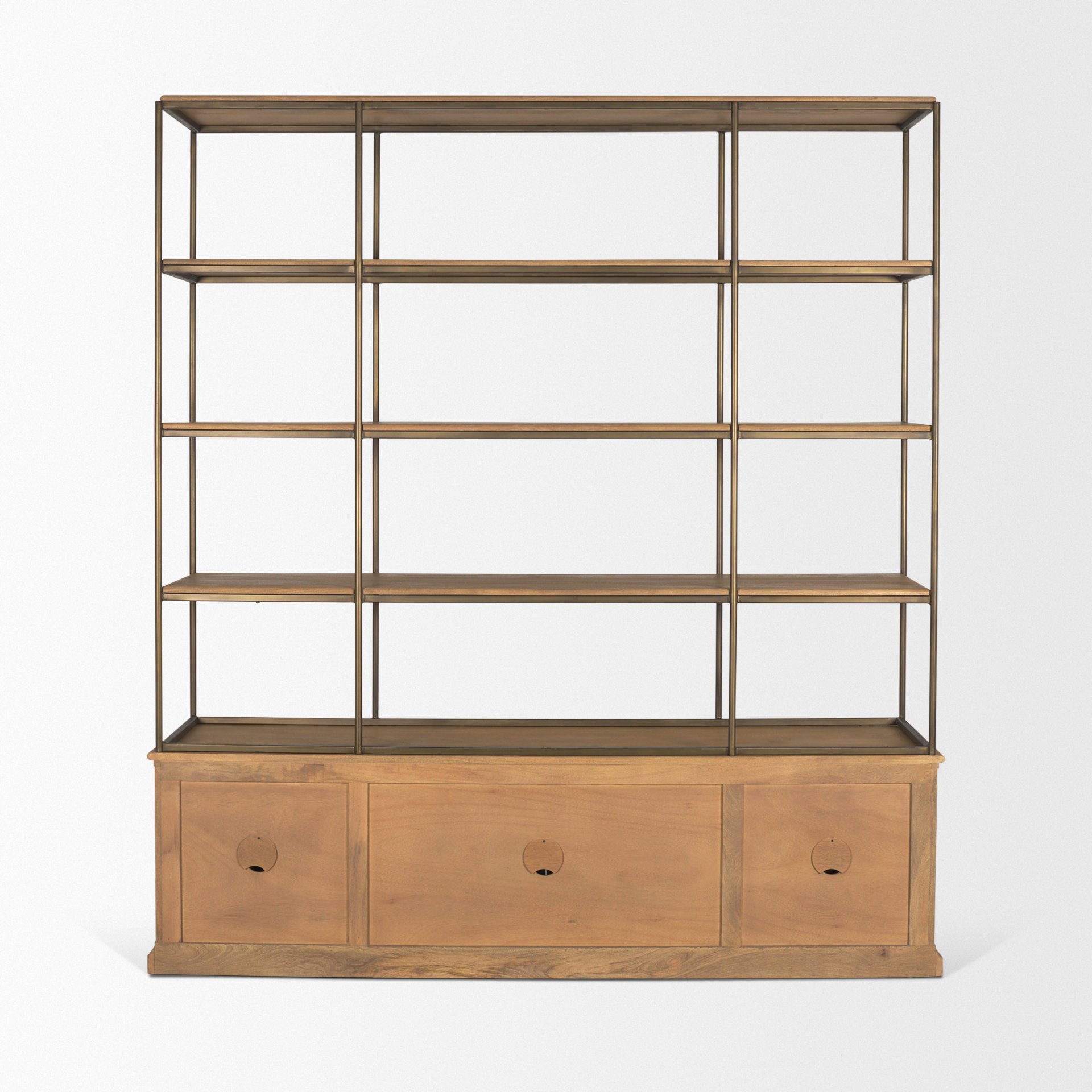 Braxton Light Brown Wood w/ Antiqued Brass Metal 3 Tiers 2 Door Shelving Unit