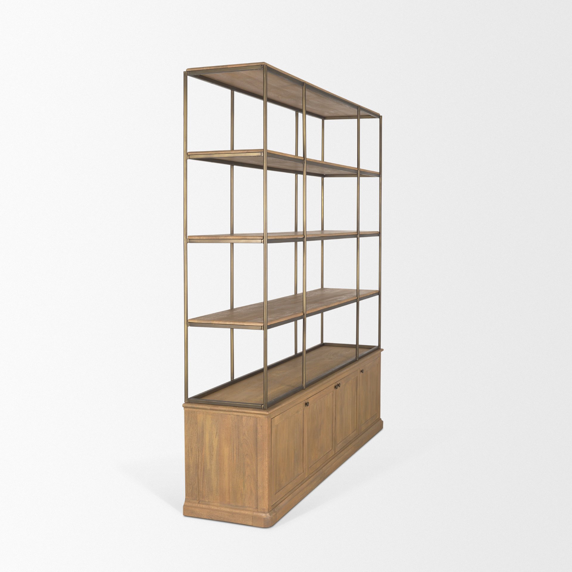 Braxton Light Brown Wood w/ Antiqued Brass Metal 3 Tiers 2 Door Shelving Unit