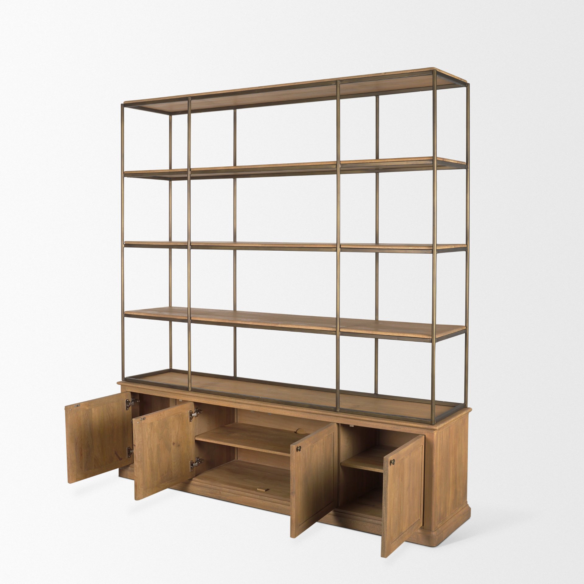Braxton Light Brown Wood w/ Antiqued Brass Metal 3 Tiers 2 Door Shelving Unit