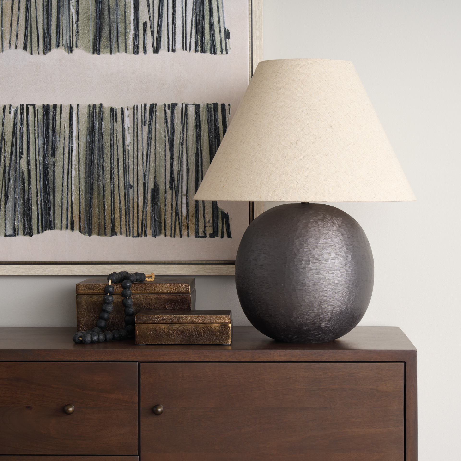 sadiyah black brushed metal w/ beige shade table lamp