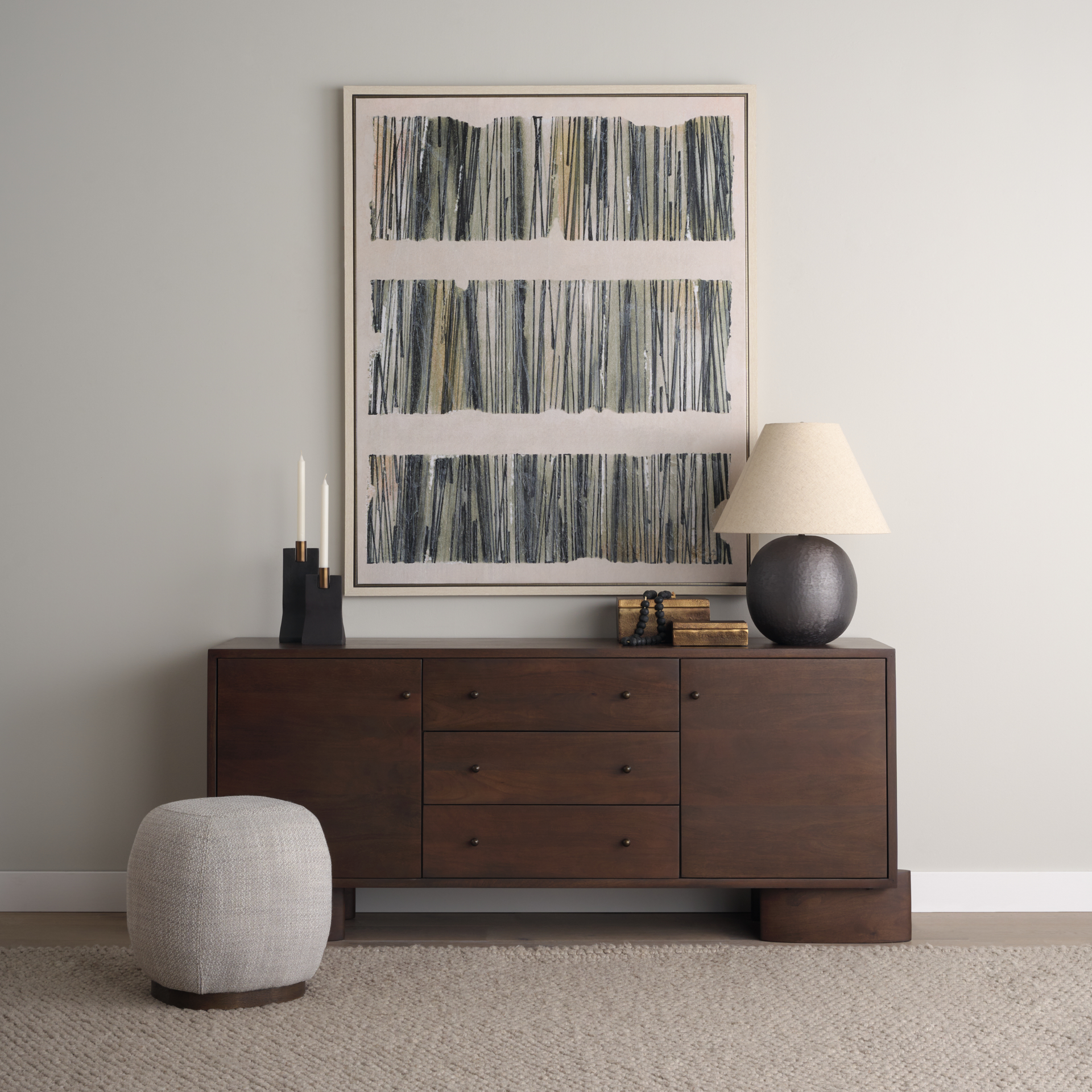 siren gray fabric w/ dark brown wood round accent stool
