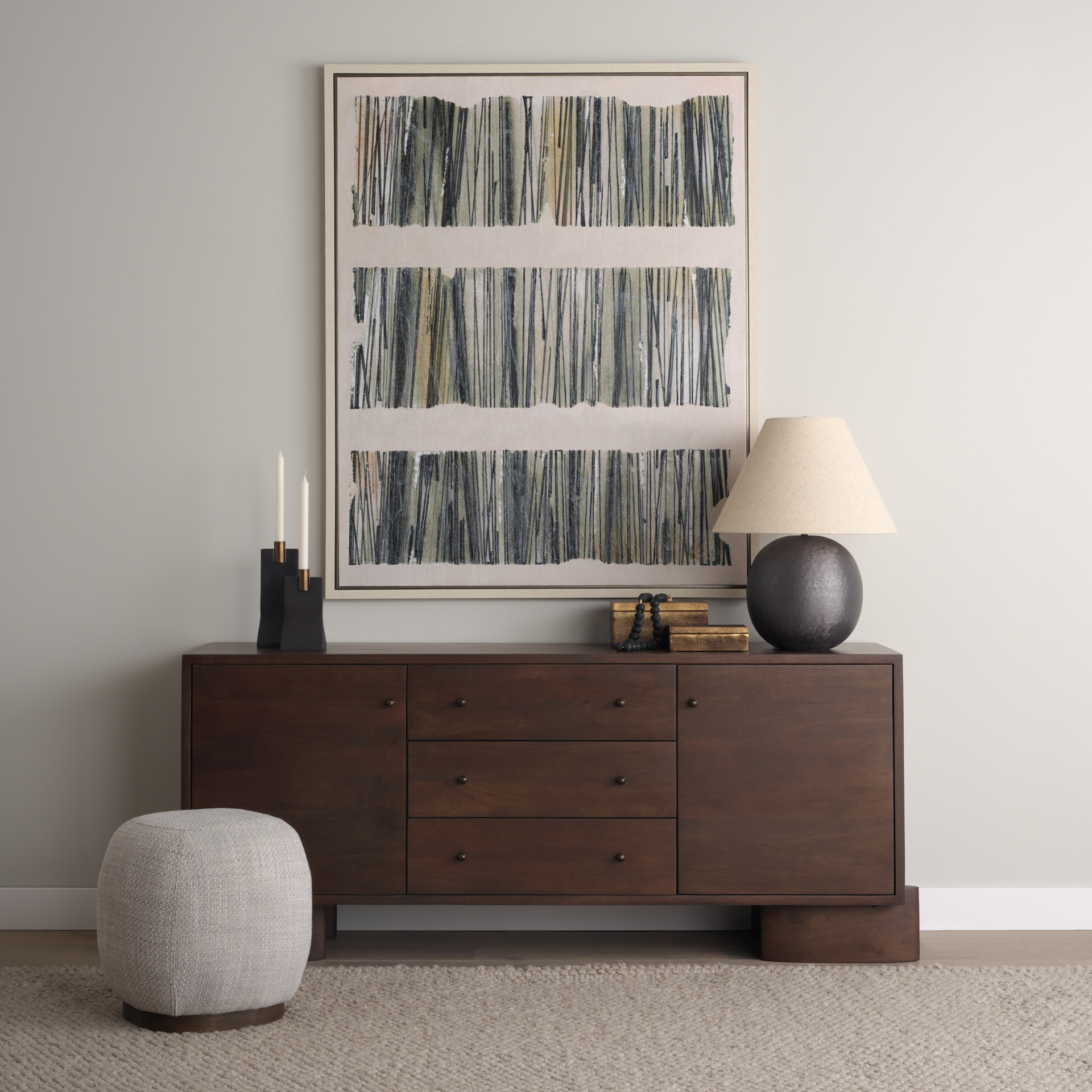 jonan dark brown wood w/ dark aged brass 2 door 3 drawer sideboard