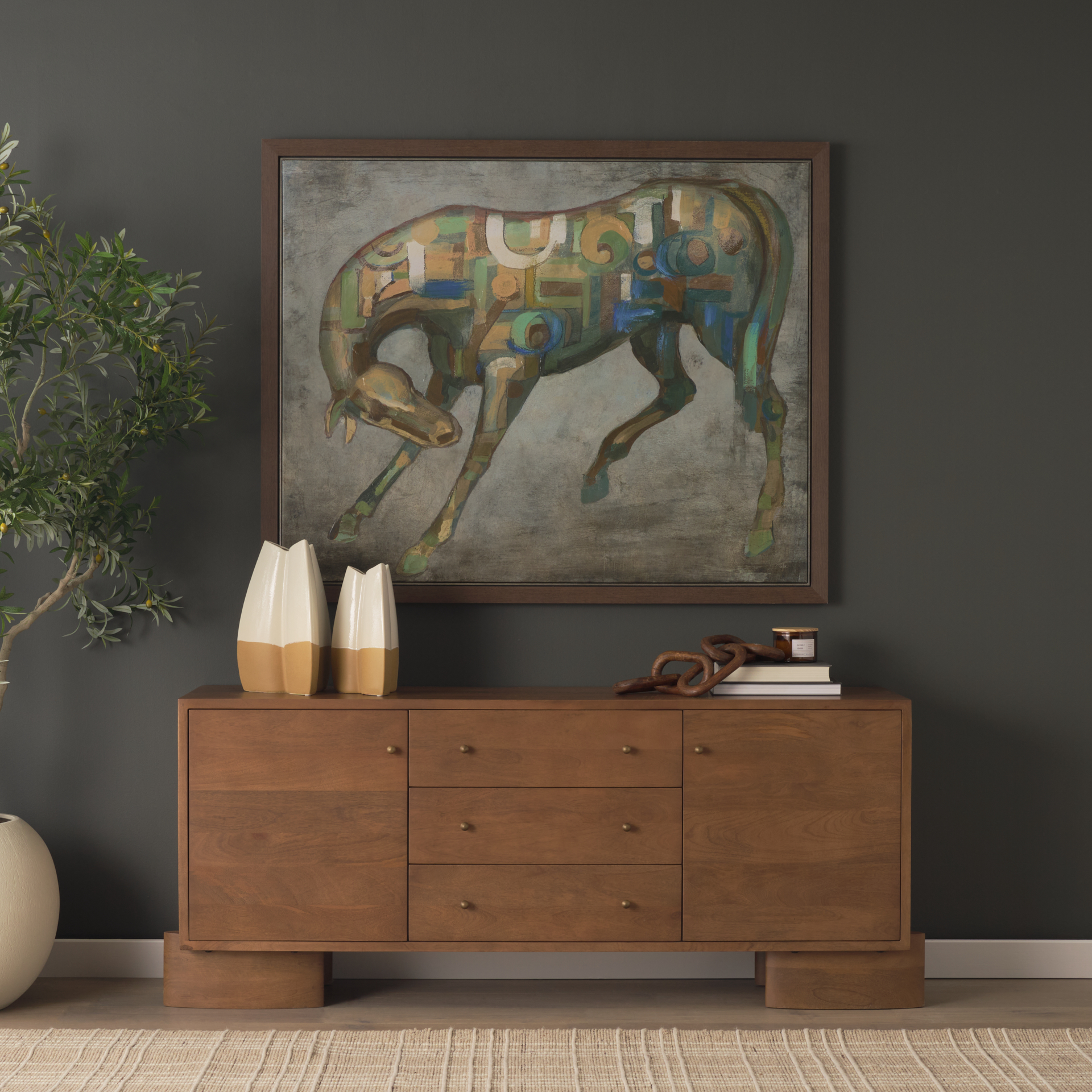 jonan medium brown wood w/ dark aged brass 2 door 3 drawer sideboard
