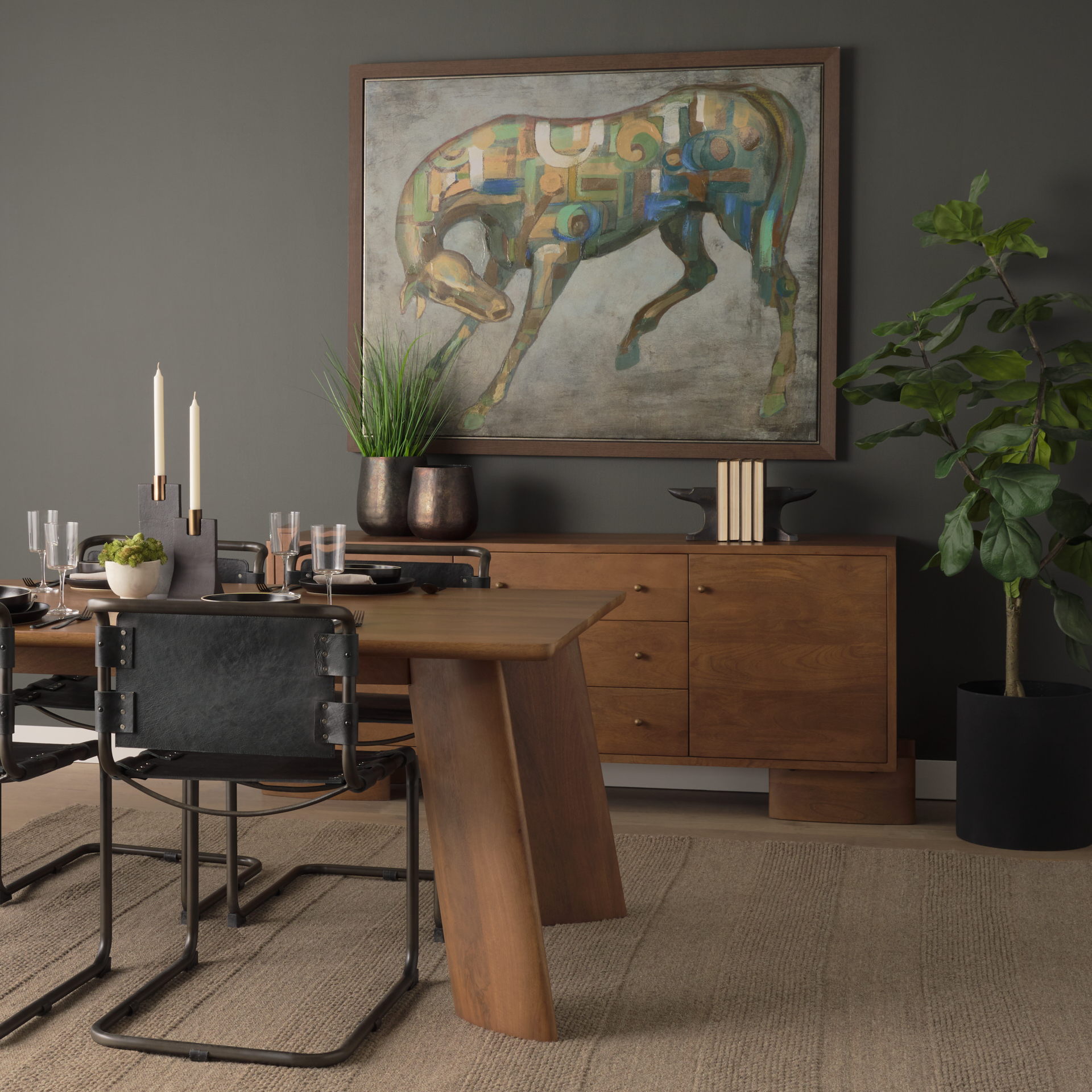 jonan medium brown wood w/ dark aged brass 2 door 3 drawer sideboard