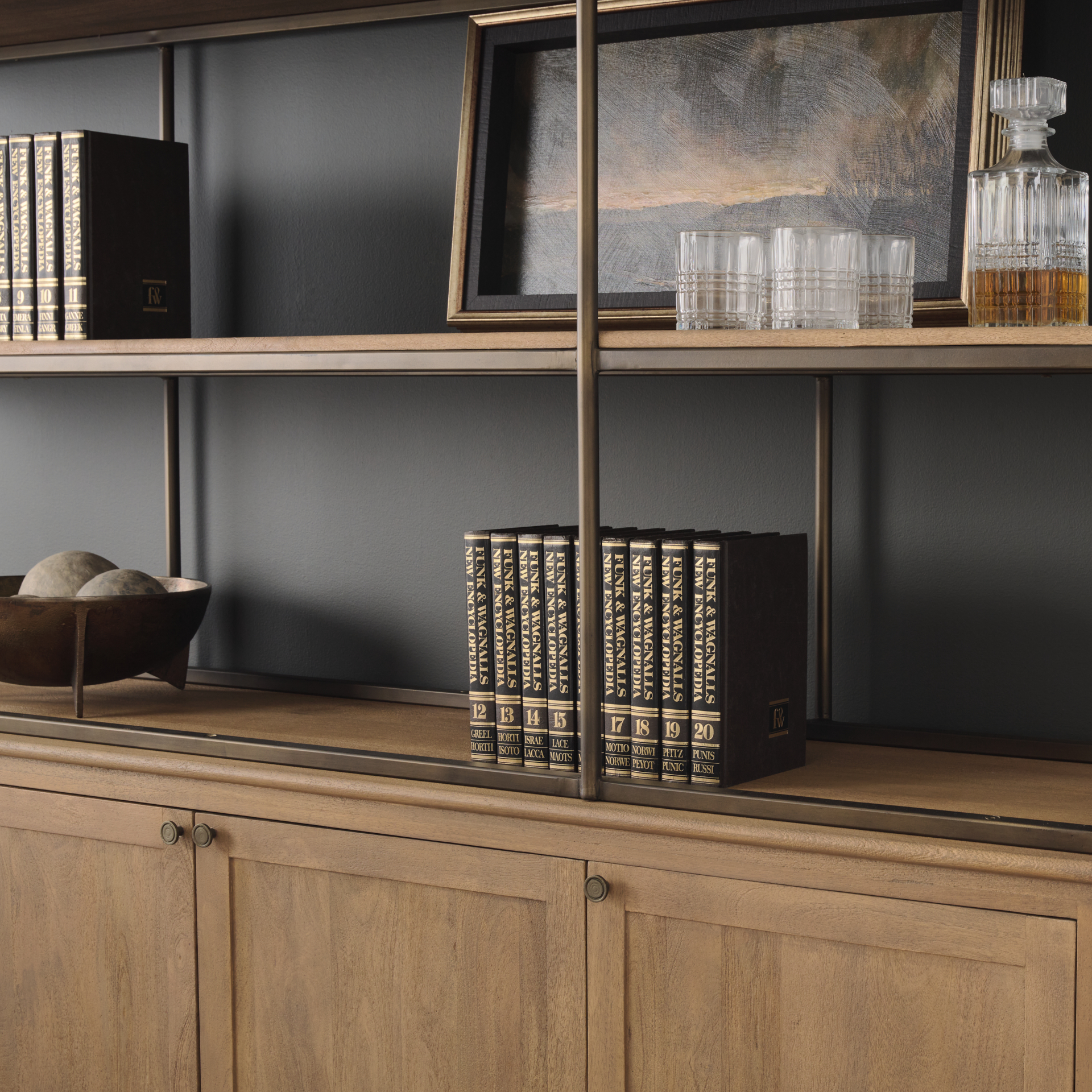 Braxton Light Brown Wood w/ Antiqued Brass Metal 3 Tiers 2 Door Shelving Unit