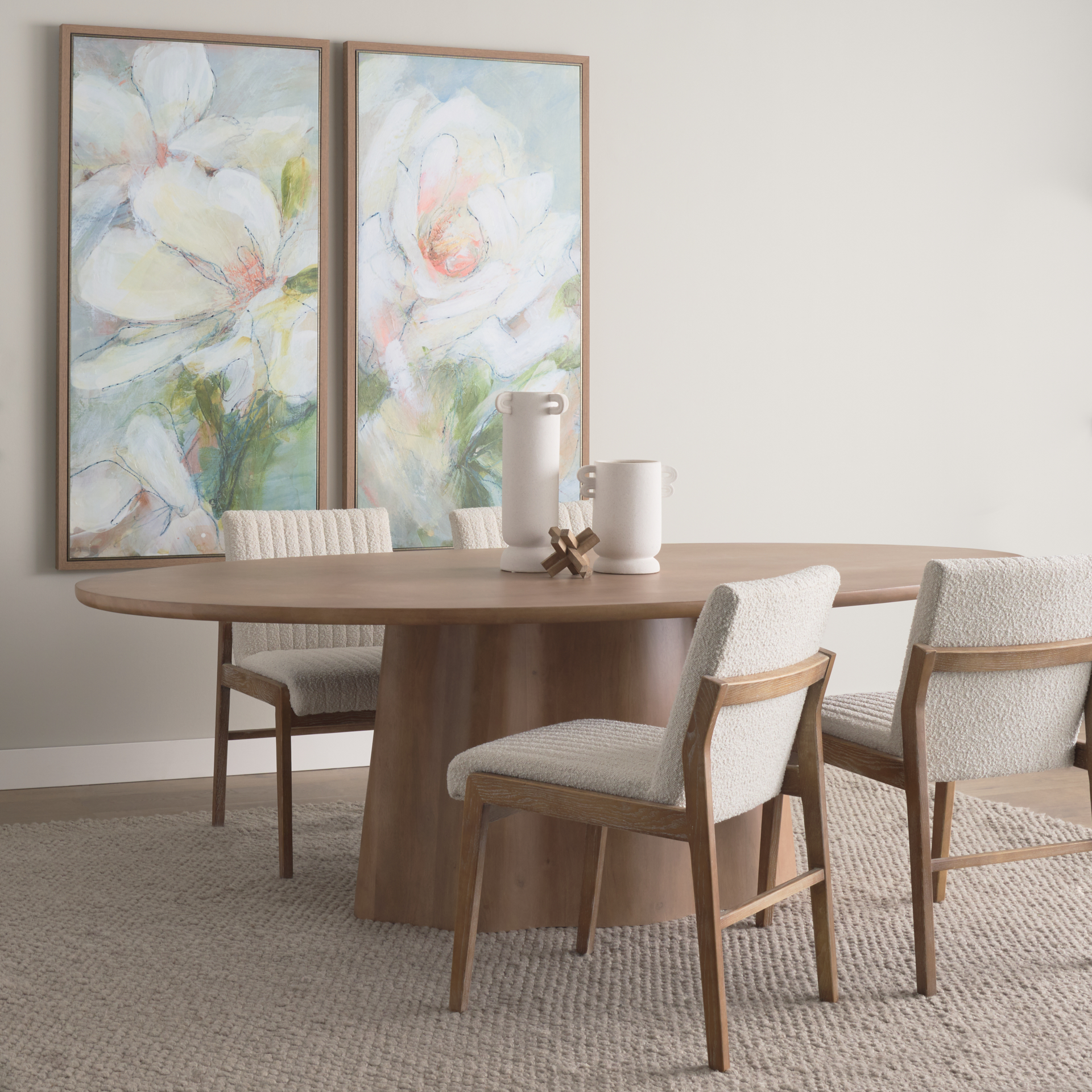 tahoe cream boucle upholstered and light brown wood armless dining chair