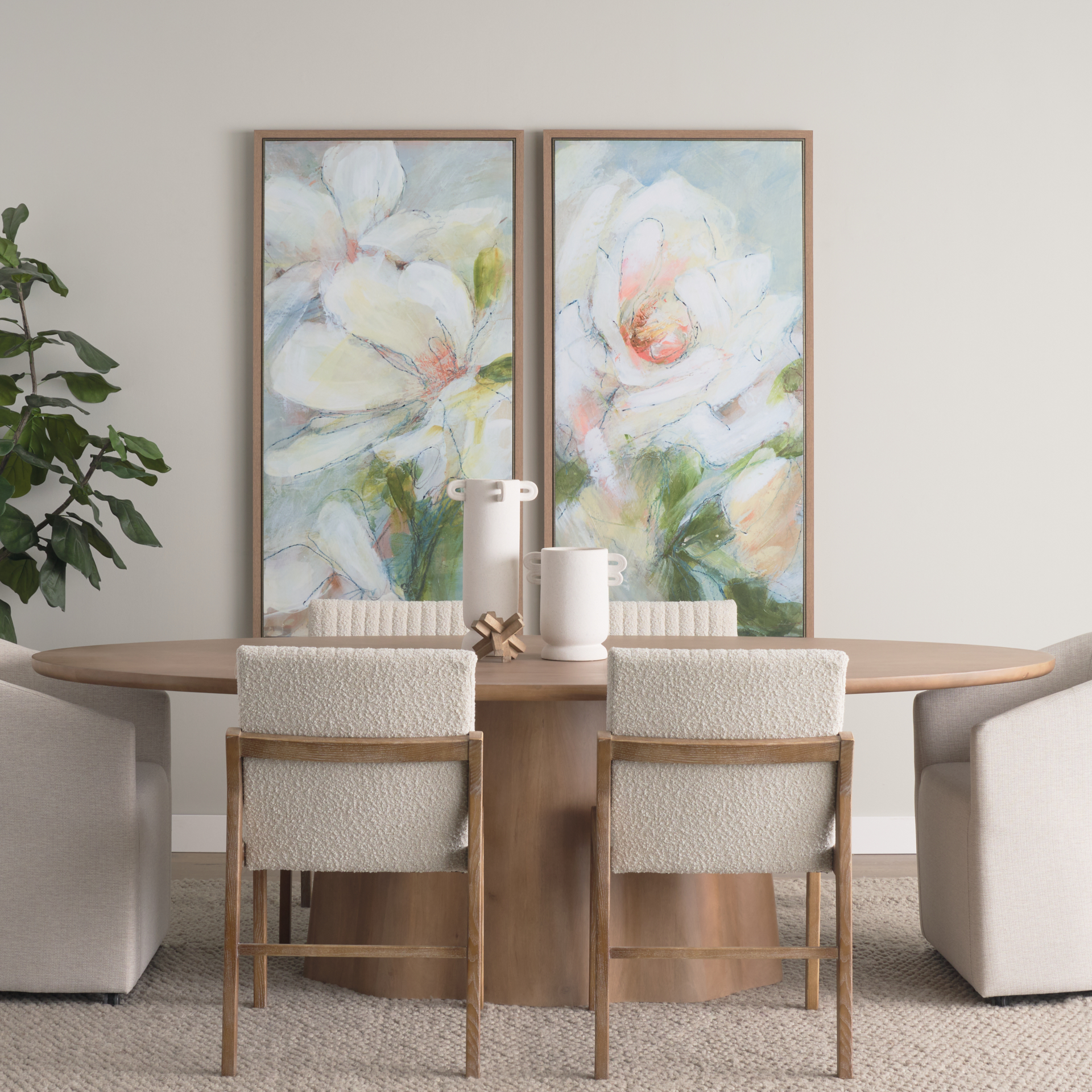 tahoe cream boucle upholstered and light brown wood armless dining chair