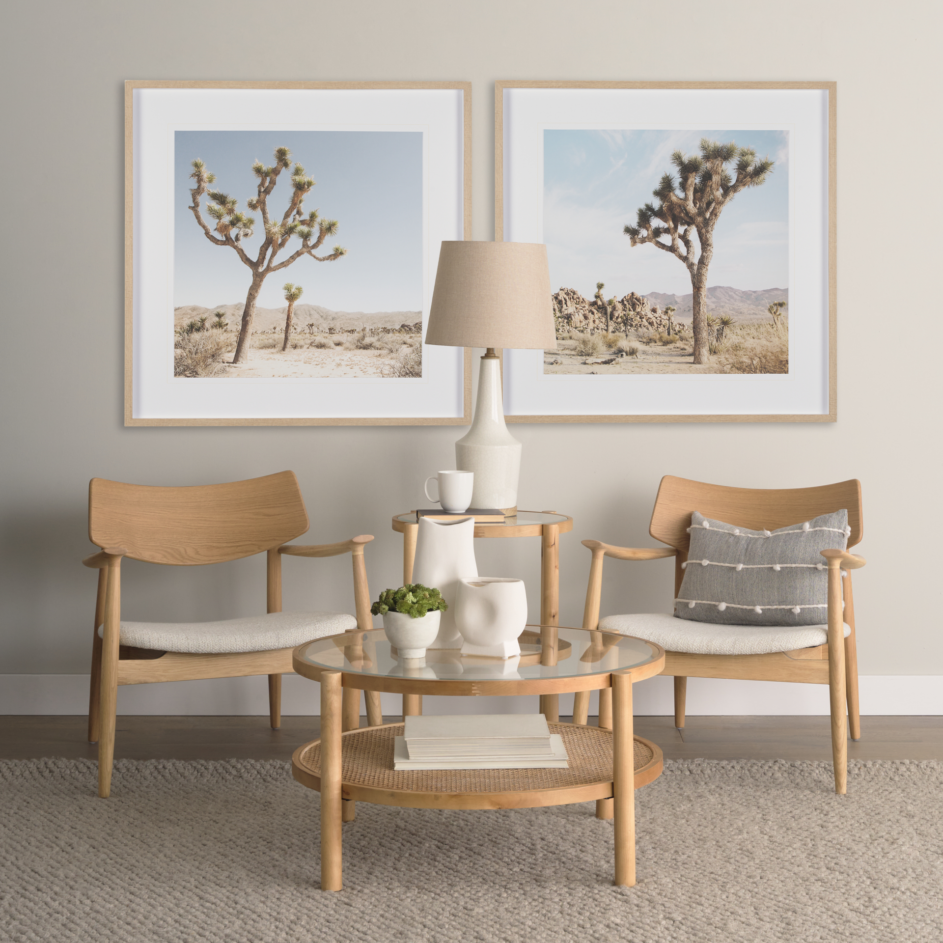 haggen light brown oak wood w/ cream fabric accent chair