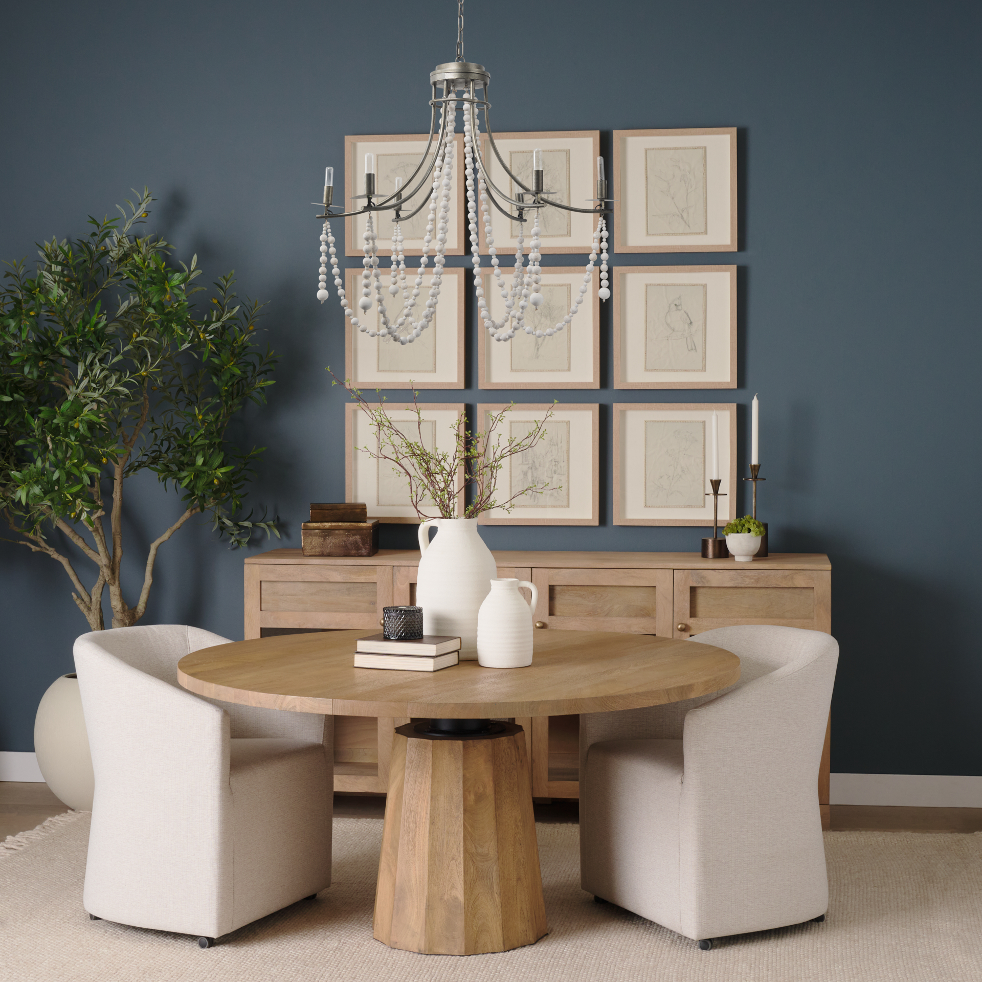selma white wood bead and metal chandelier