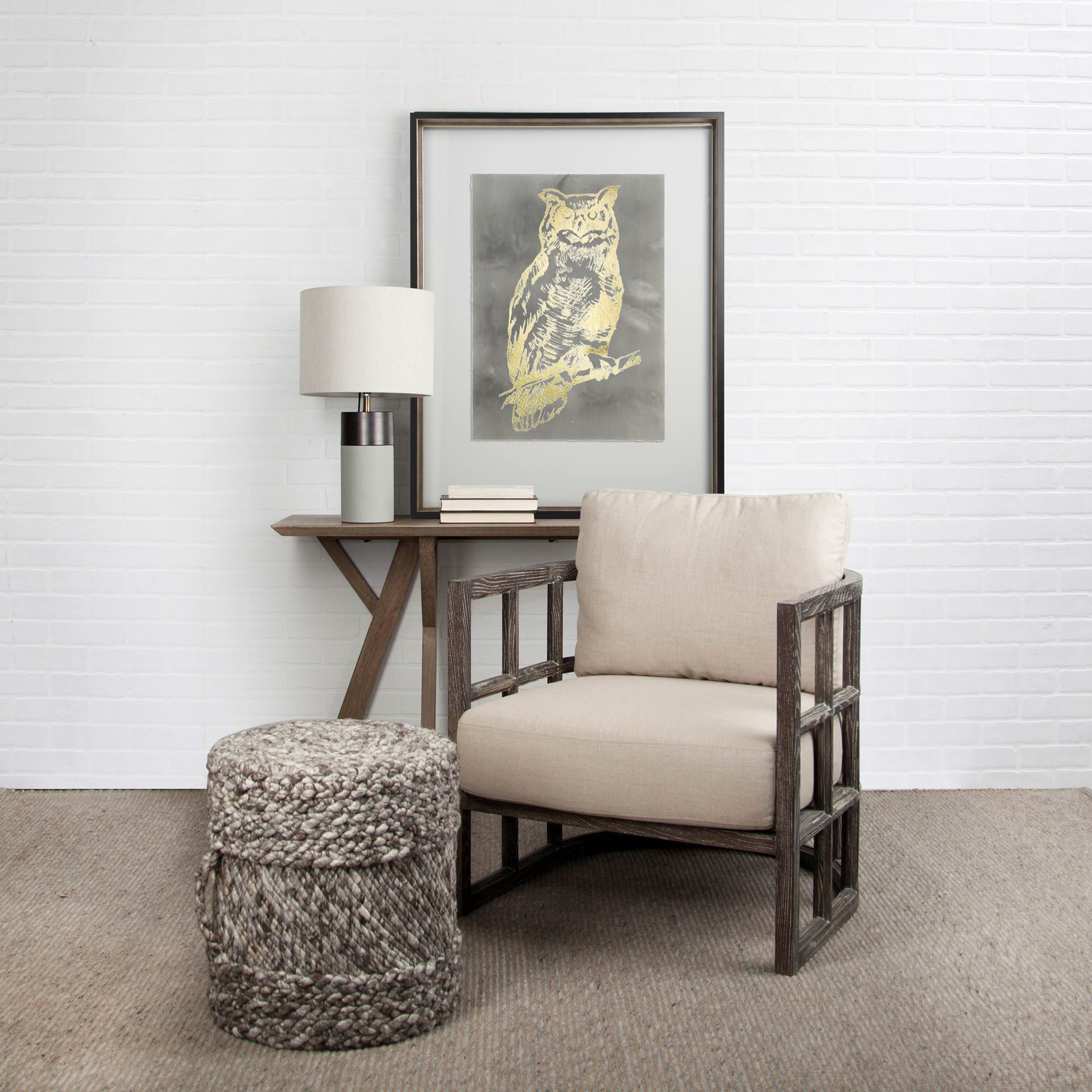 skylar i cream fabric covered cushioned demi-lune wooden frame accent chair
