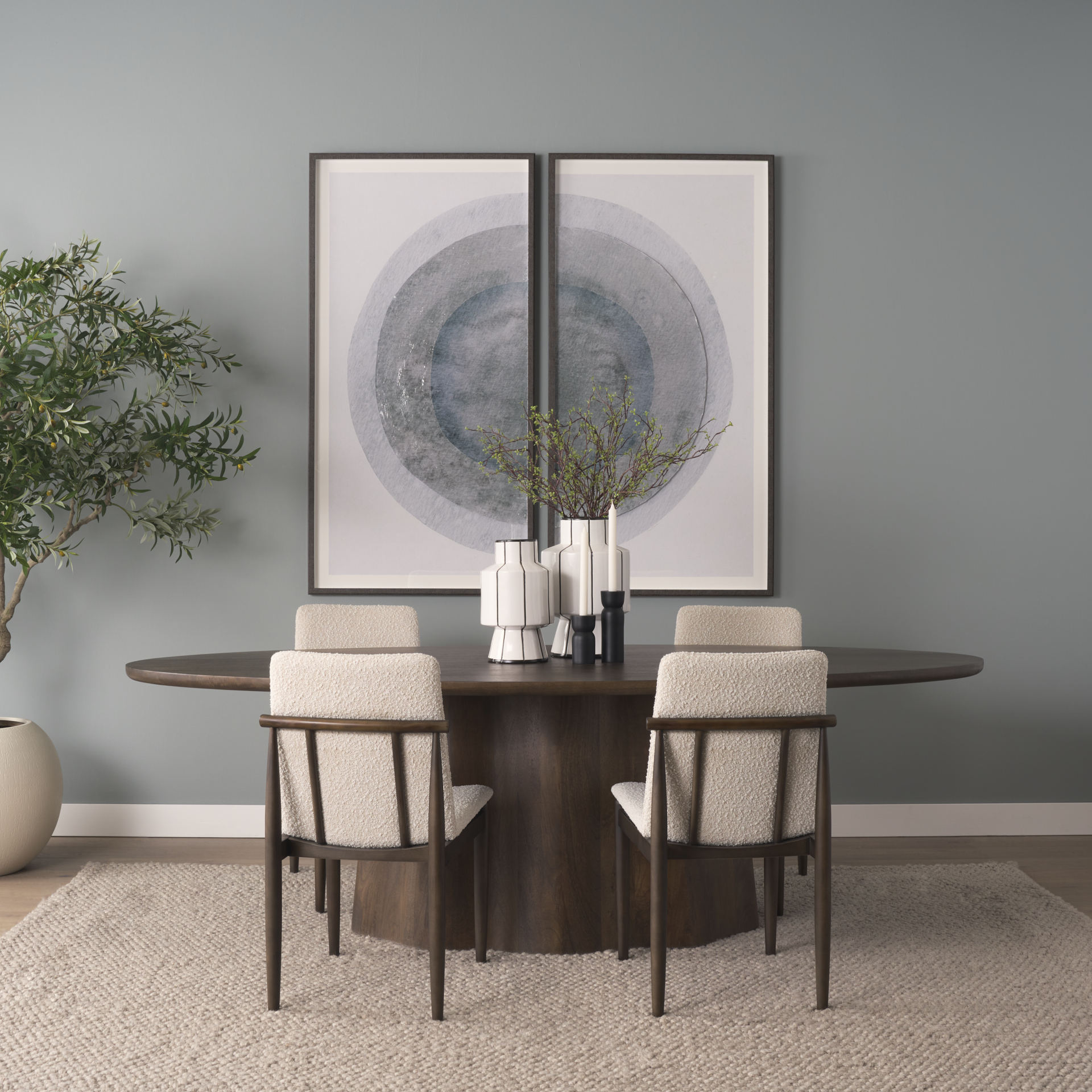 cavett cream boucle upholstered seat w/dark brown wood frame dining chair