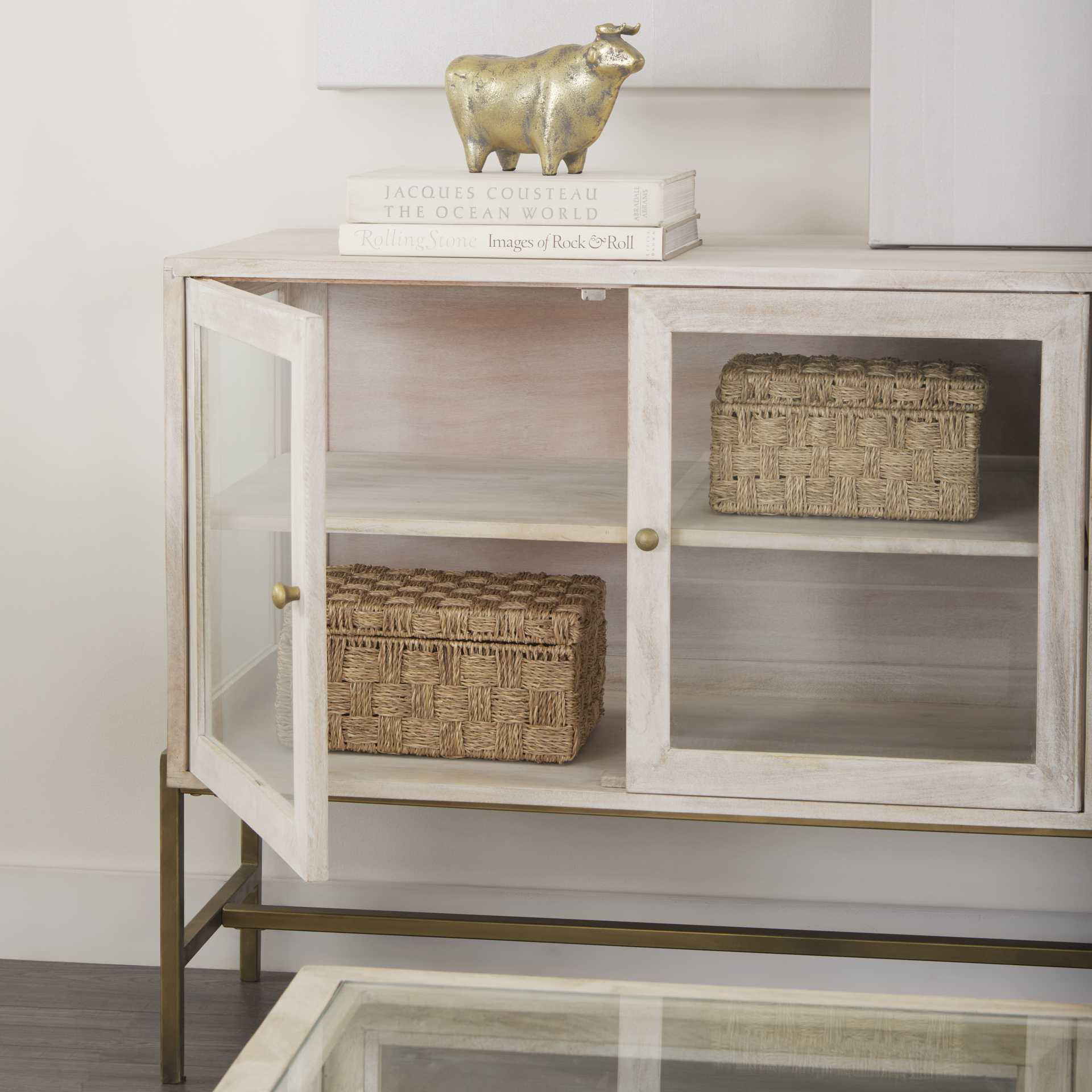 arelius 36l x 18w x 32h white wood, gold metal base w/ 2 glass doors accent cabinet