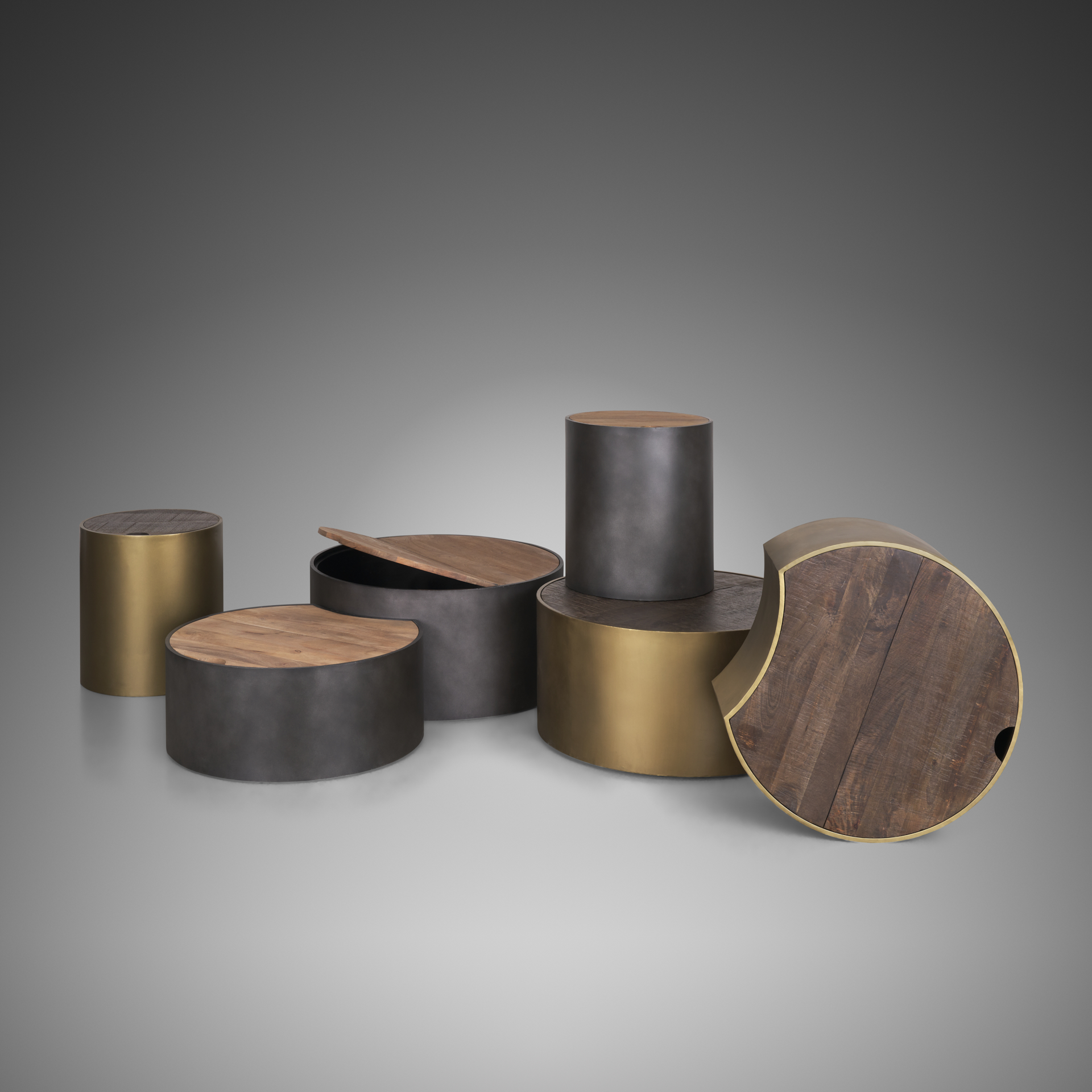 eclipse gunmetal gray drum base w/ brown wood top end/side table