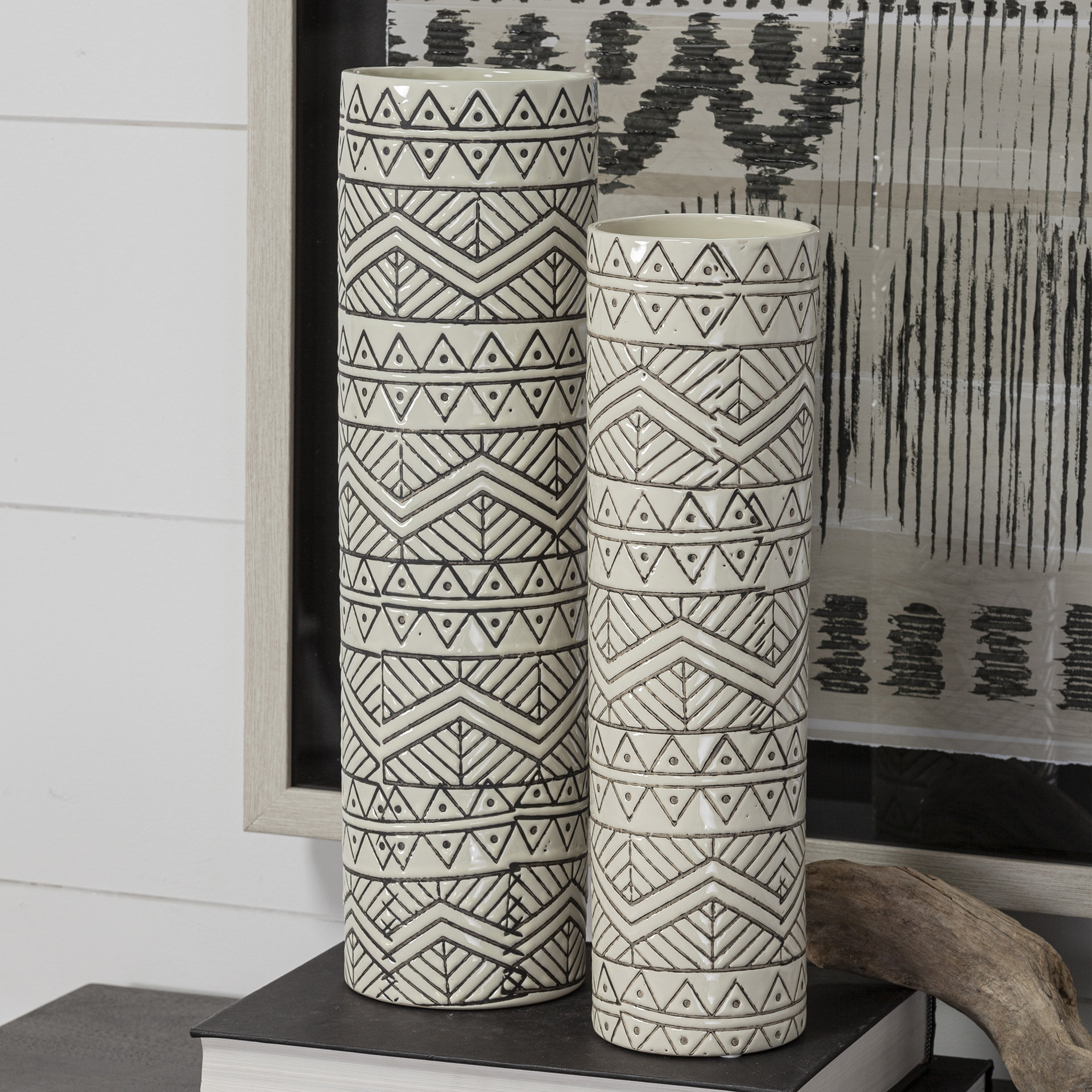 uhura i small cream black patterned cylindrical vase