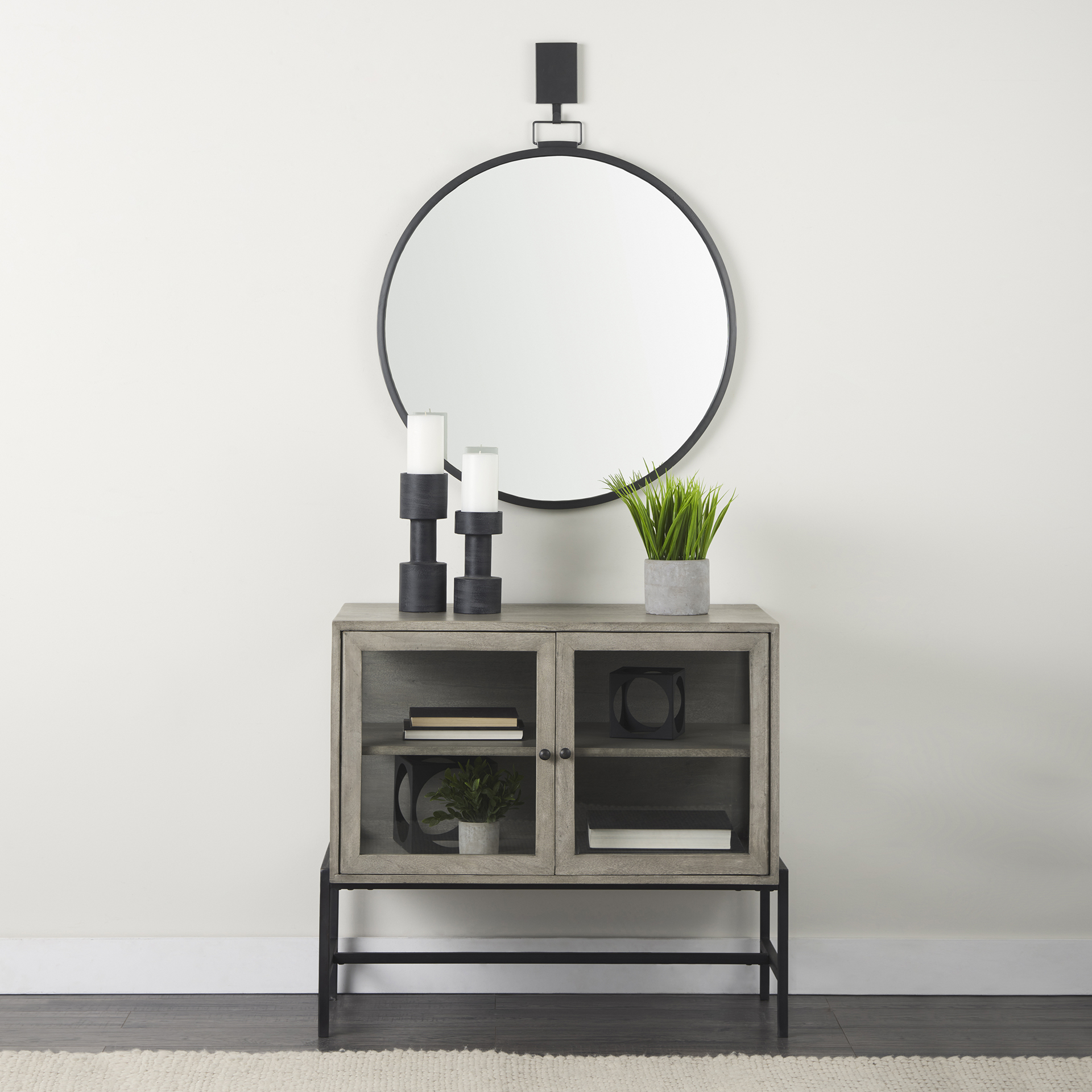arelius 36l x 18w x 32h gray wood, black metal base w/ 2 glass doors accent cabinet