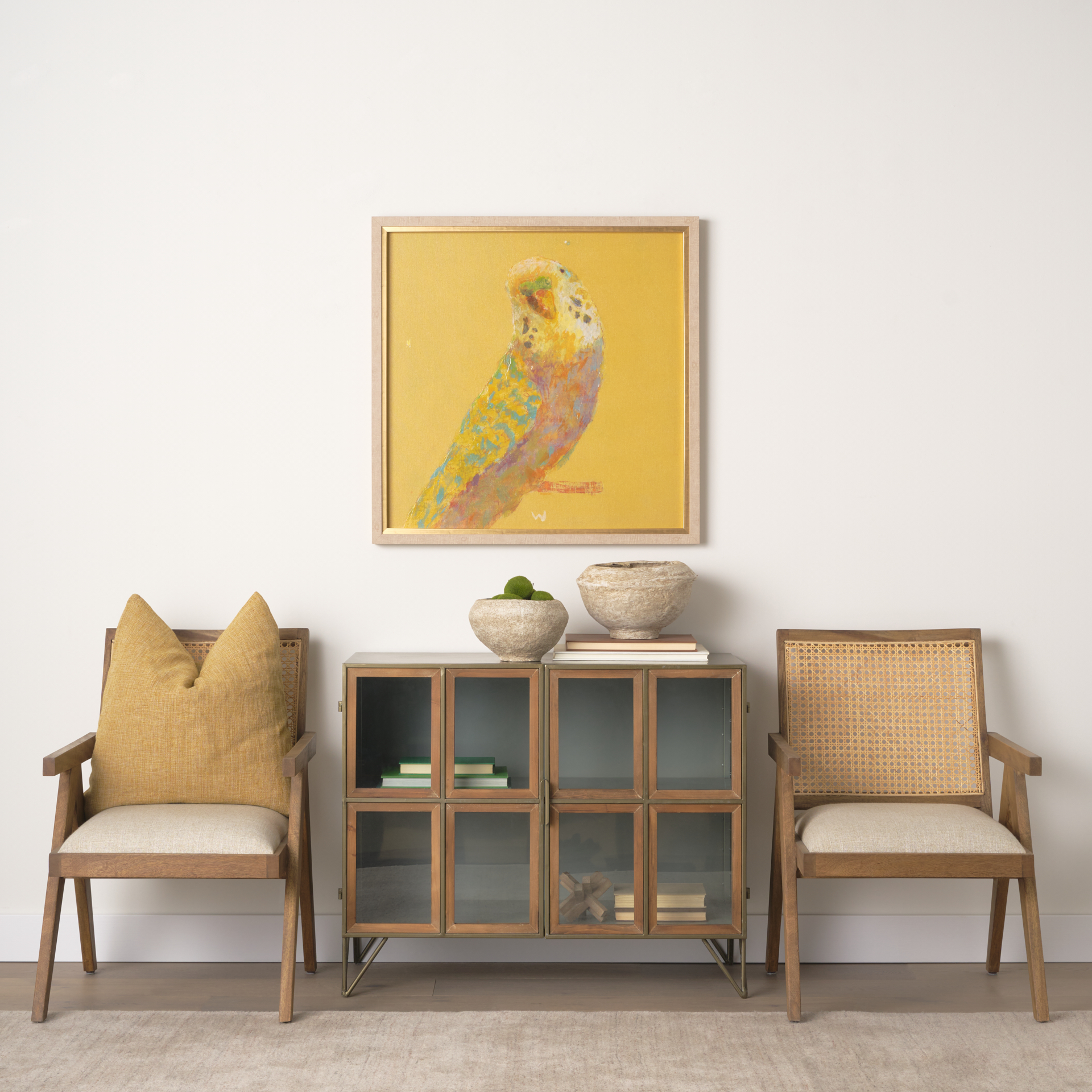 donna light brown wood cane-back w/ beige upholstered seat accent chair