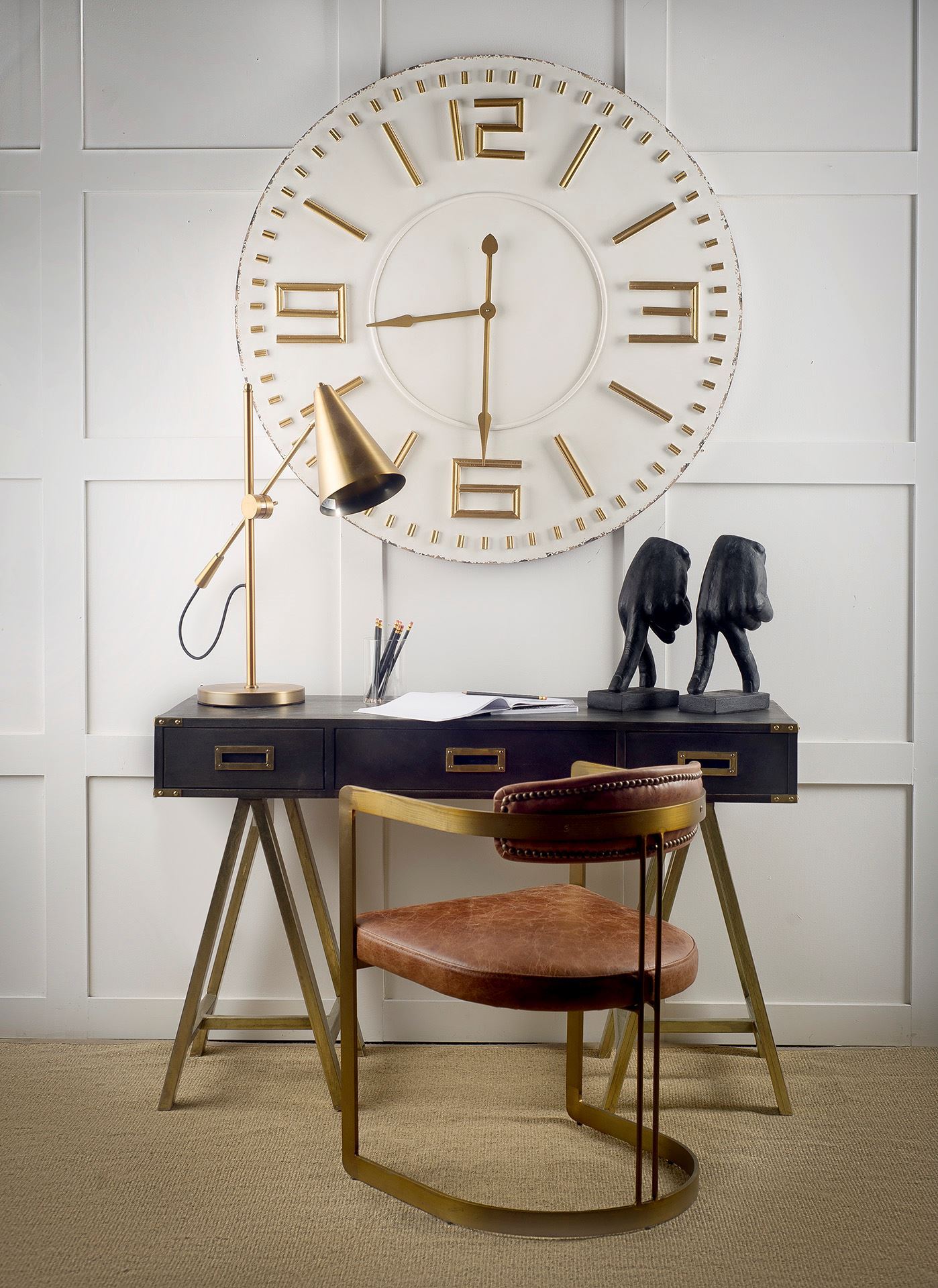 hollyfield i brown leather seat gold iron frame dining chair