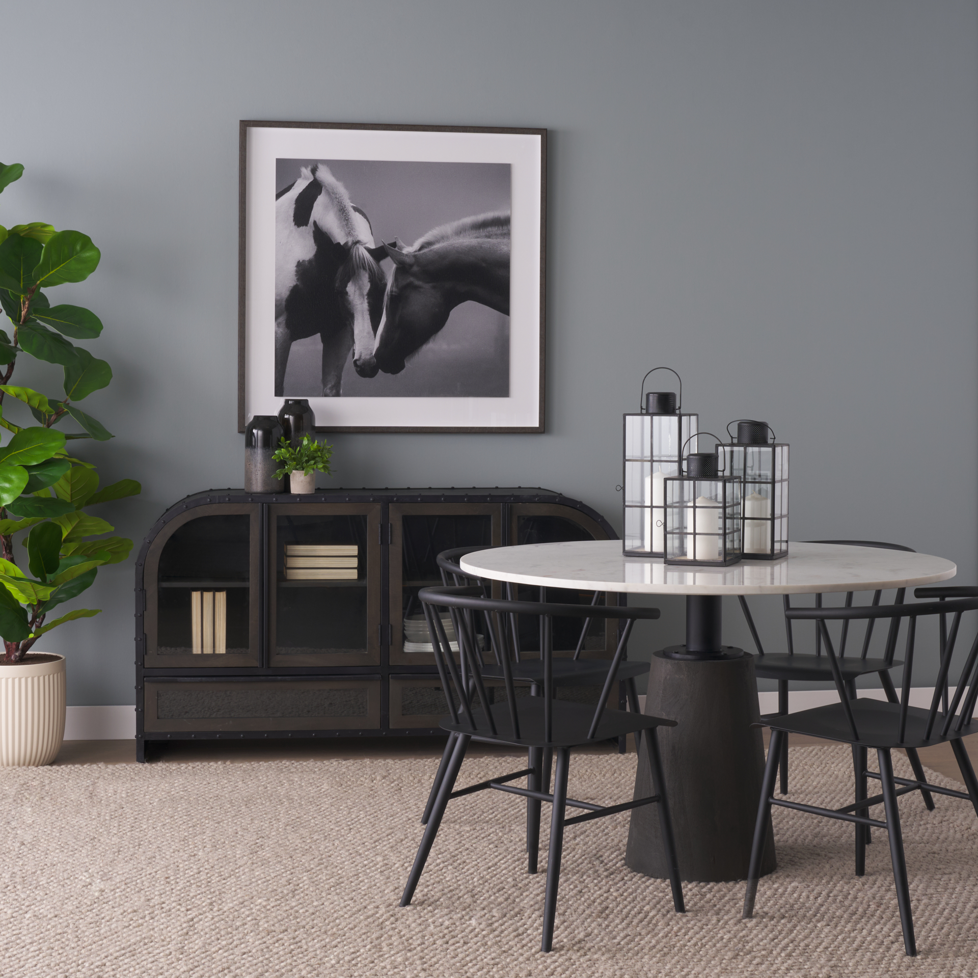 maxwell 48l x 48w x 30h round white marble top w/ black metal and wood pedestal base dining table