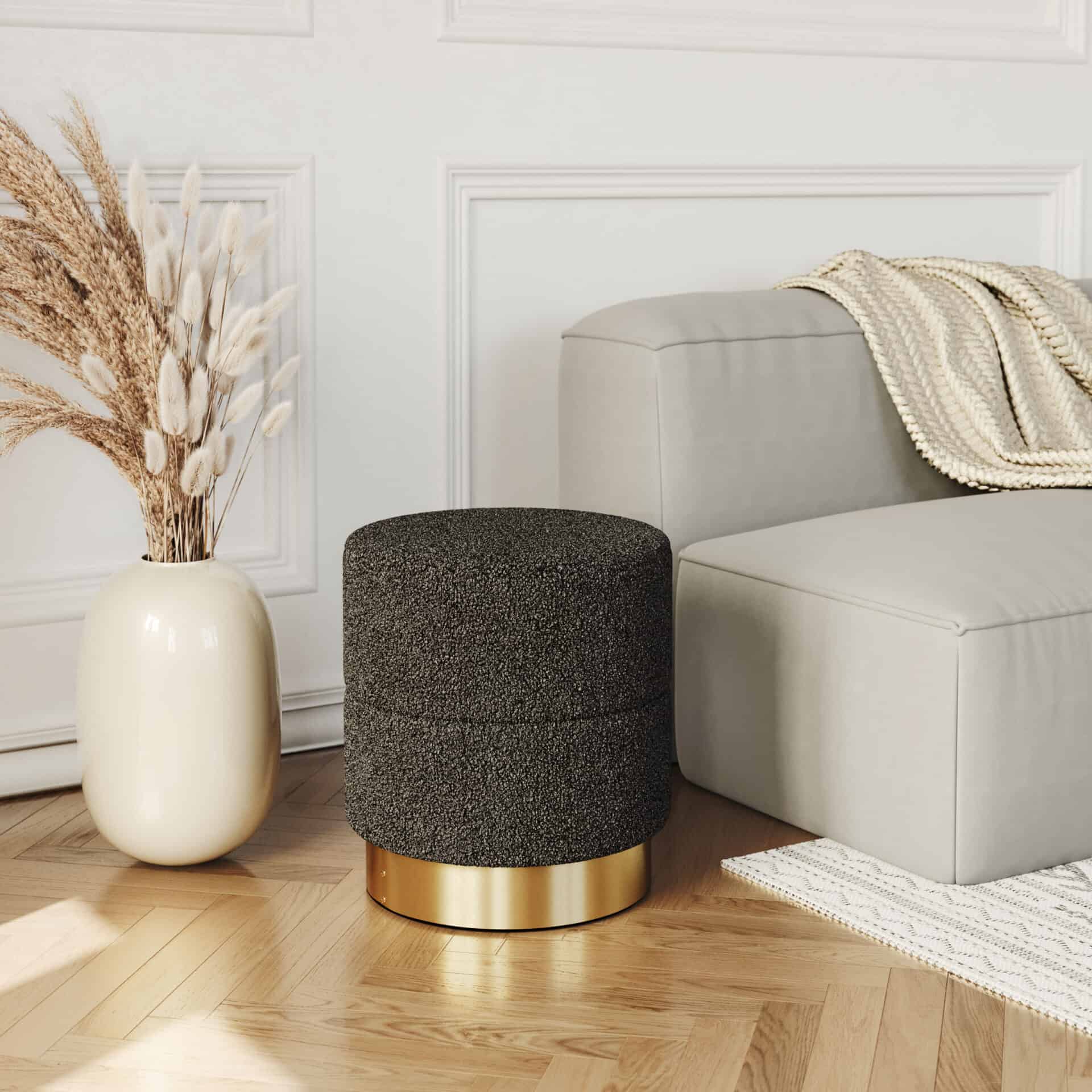 Dark Gray Shearling Ottoman with Stainless Steel Base Ring 1 Dark Gray Shearling Ottoman with Stainless Steel Base Ring