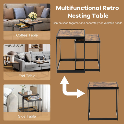 Rustic Brown Nesting End Tables with Metal Legs for Living Room (Set of 2) 7 Rustic Brown Nesting End Tables with Metal Legs for Living Room (Set of 2) - Image 7