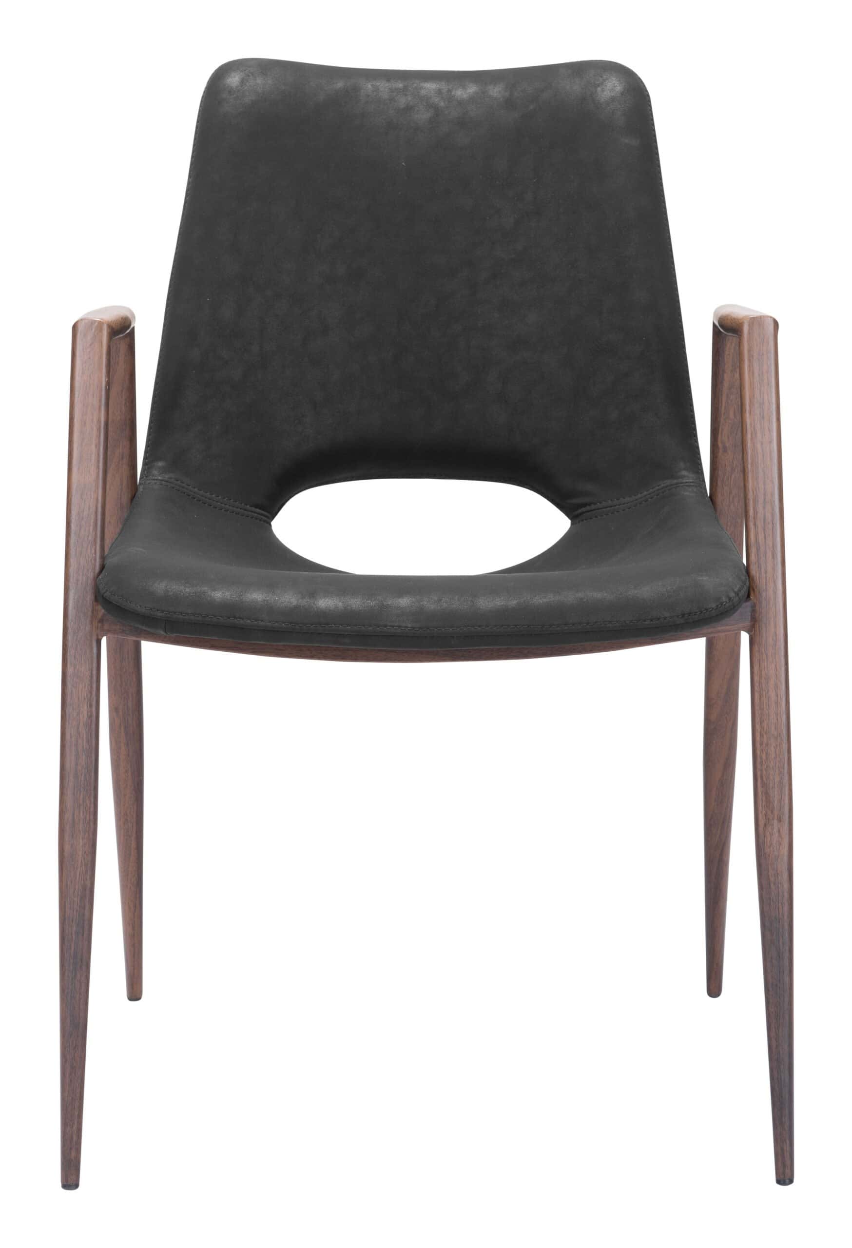 Black Walnut Mid-Century Faux Leather Dining Chairs with Armrests (Set of 2)
