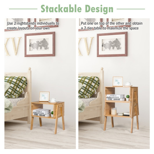 Stackable Bamboo Side Tables with Storage Shelf Compact Design (Set of 2) 2 Stackable Bamboo Side Tables with Storage Shelf Compact Design (Set of 2) - Image 2