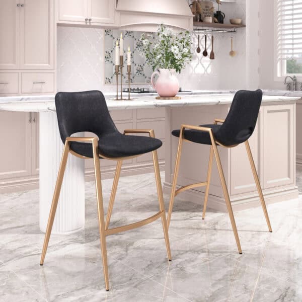 Black and Gold Mid-Century Modern Counter Stool with Armrests (Set of 2)