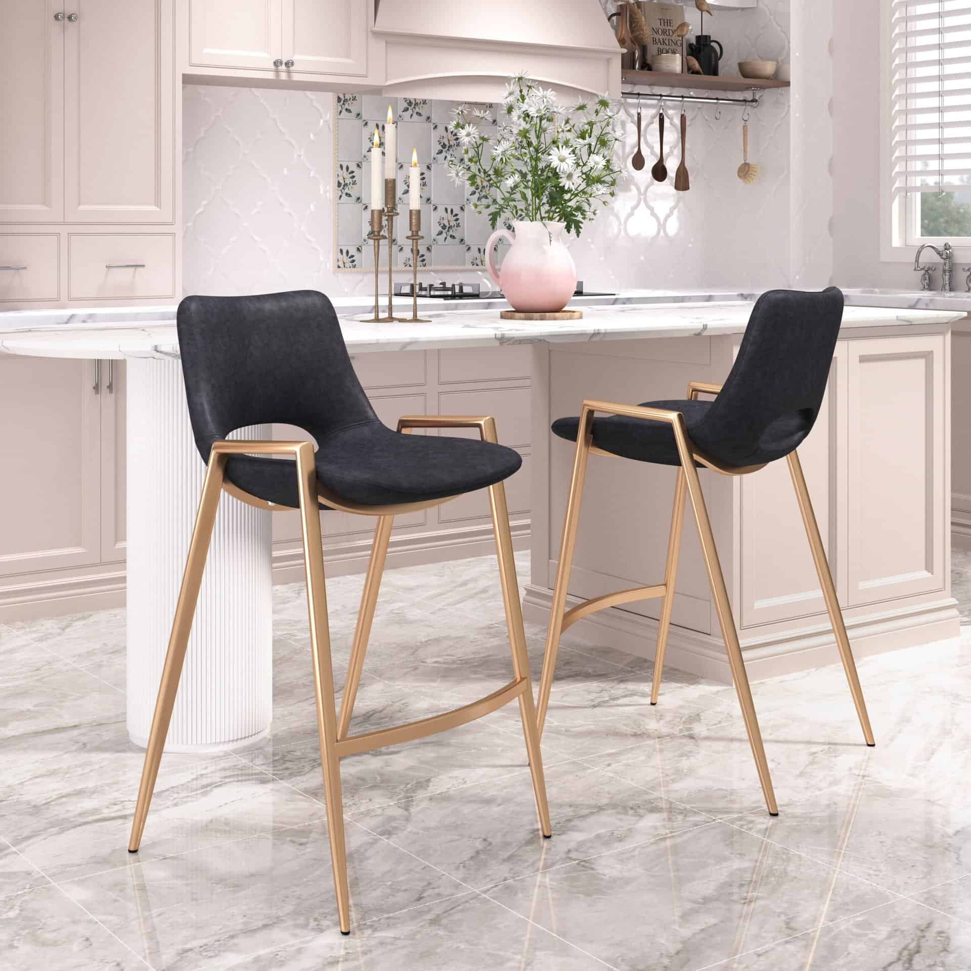 Black and Gold Mid-Century Modern Counter Stool with Armrests (Set of 2)