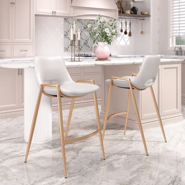 White and Gold Faux Leather Counter Stool with Footrest (Set of 2)