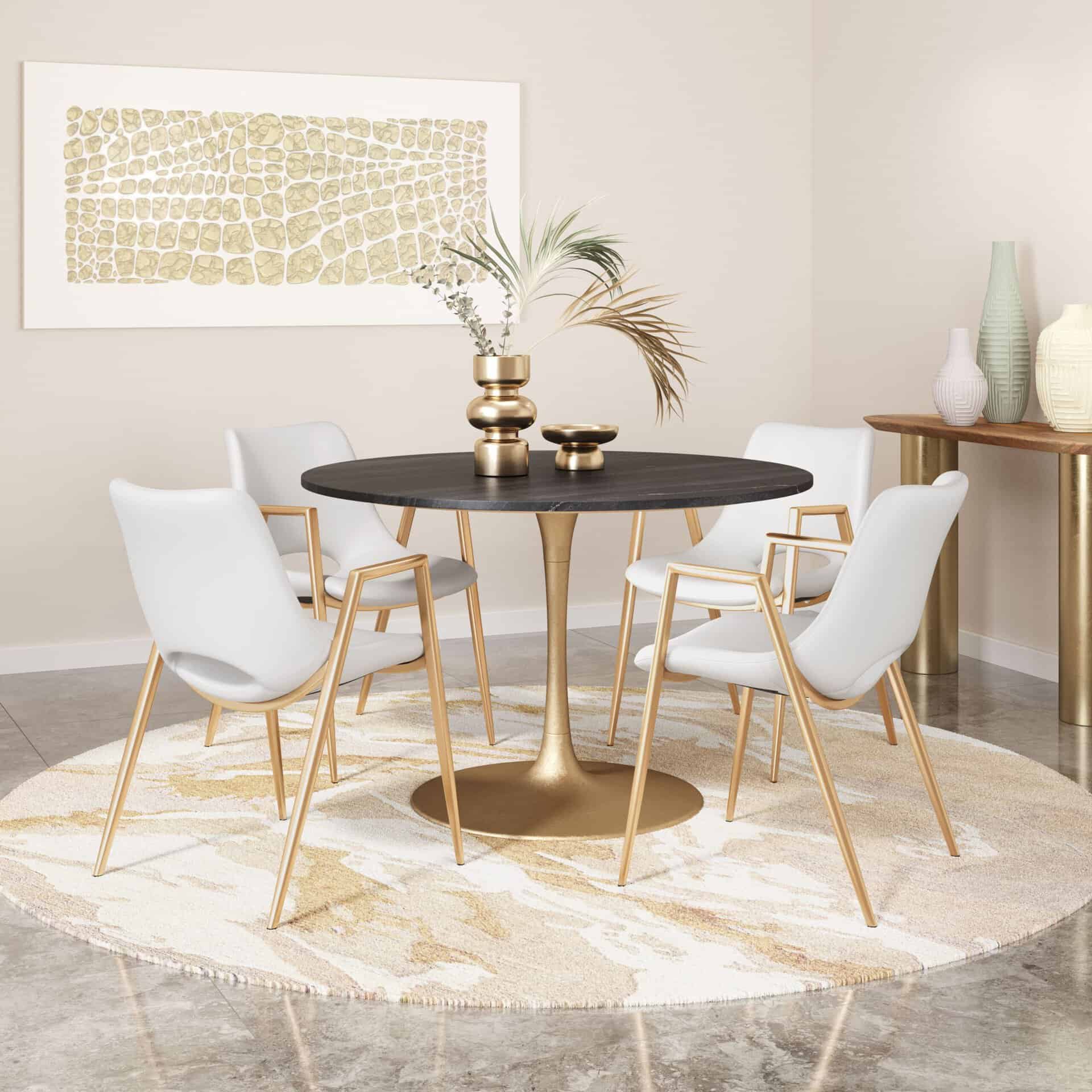 White and Gold Mid-Century Modern Dining Chairs with Armrests (Set of 2)