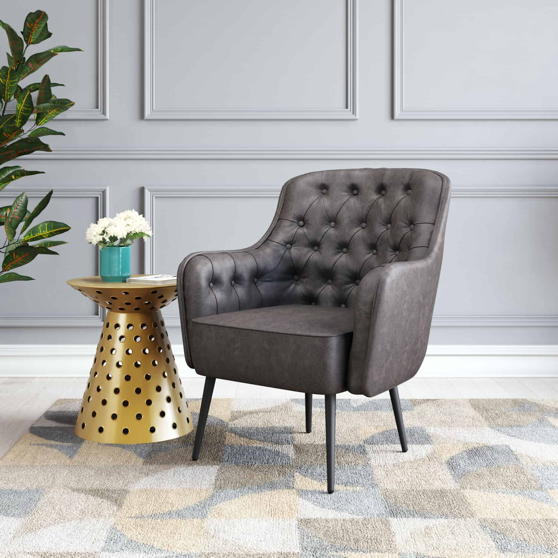 Vintage Tufted Vinyl Accent Chair with Steel Legs 1 Vintage Tufted Vinyl Accent Chair with Steel Legs