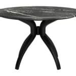 Black Round Dining Table with Marble-Look Top and Wood Base