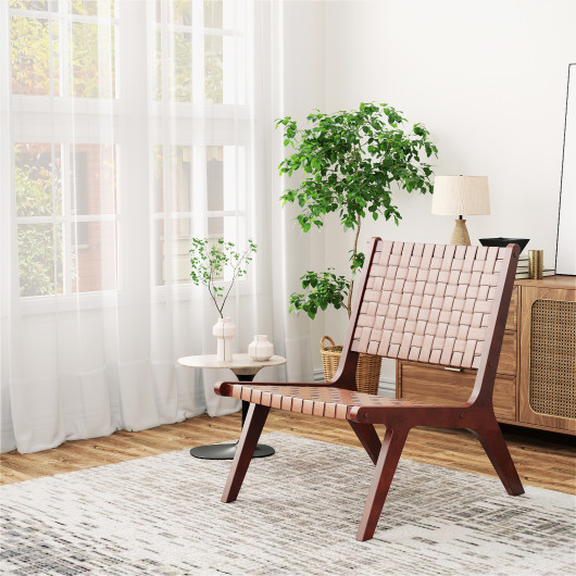Woven Faux Leather Accent Chair with Ergonomic Wood Frame