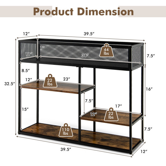 Rustic Brown Industrial Console Table with Wire Basket and Shelves 5 Rustic Brown Industrial Console Table with Wire Basket and Shelves - Image 5